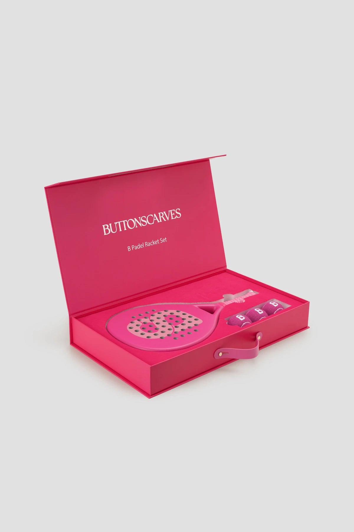 b padel racket set in pink by buttonscarves packaging detail
