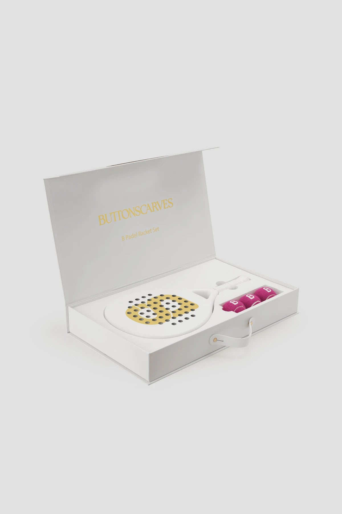b padel racket set in white by buttonscarves packaging detail