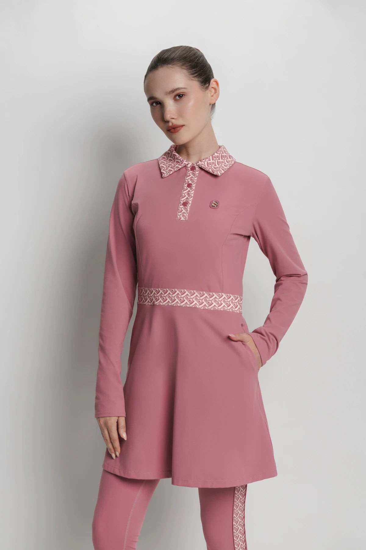 bimu polo dress in mauvewood by buttonscarves front view