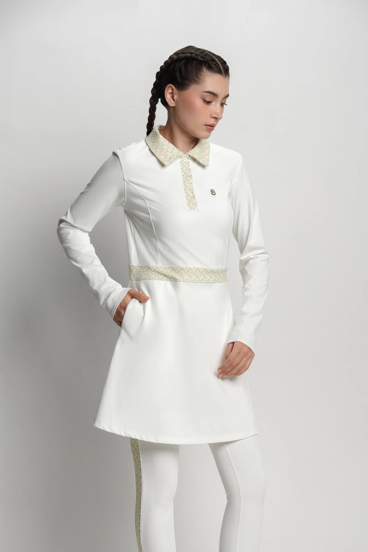 bimu polo dress in vanilla by buttonscarves front view