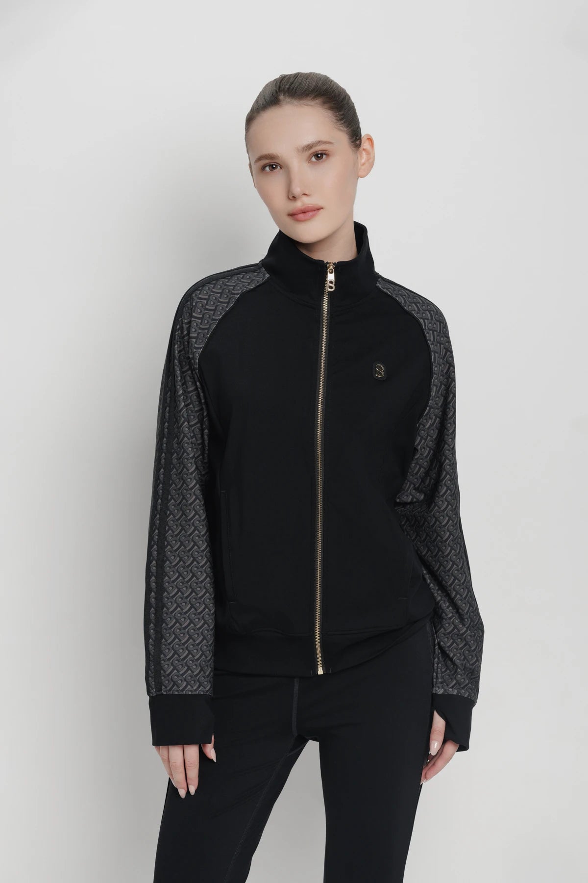 bimu shield jacket in black by buttonscarves front view