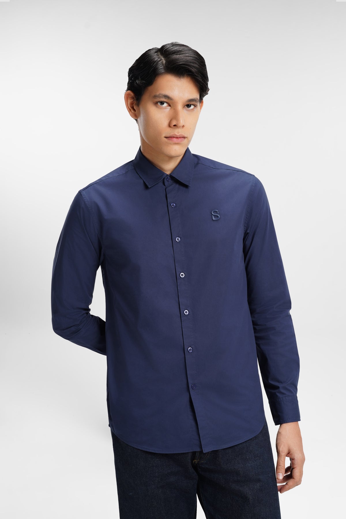 everyday men embroidery shirt in blue by buttonscarves front view
