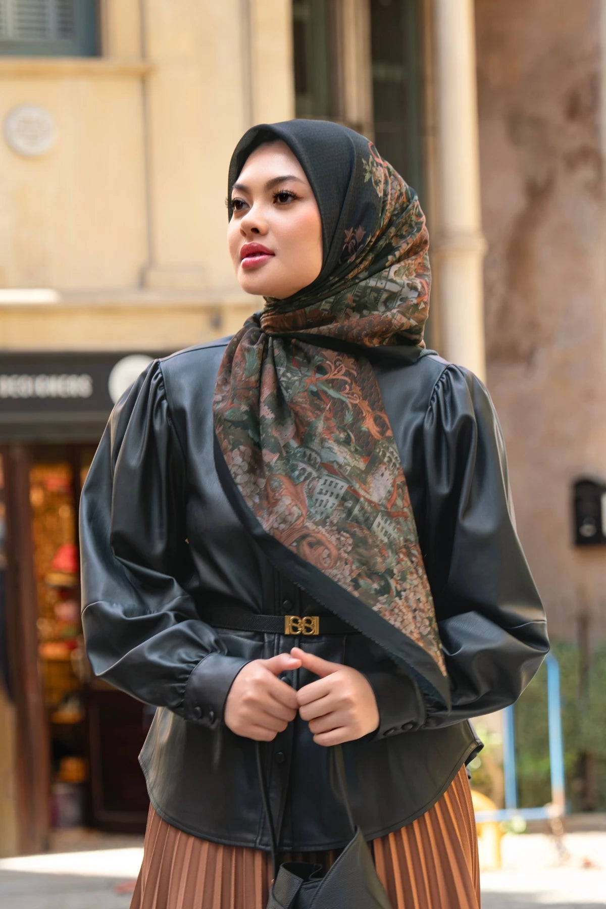 istanbul printed square scarf in black chili by buttonscarves style look