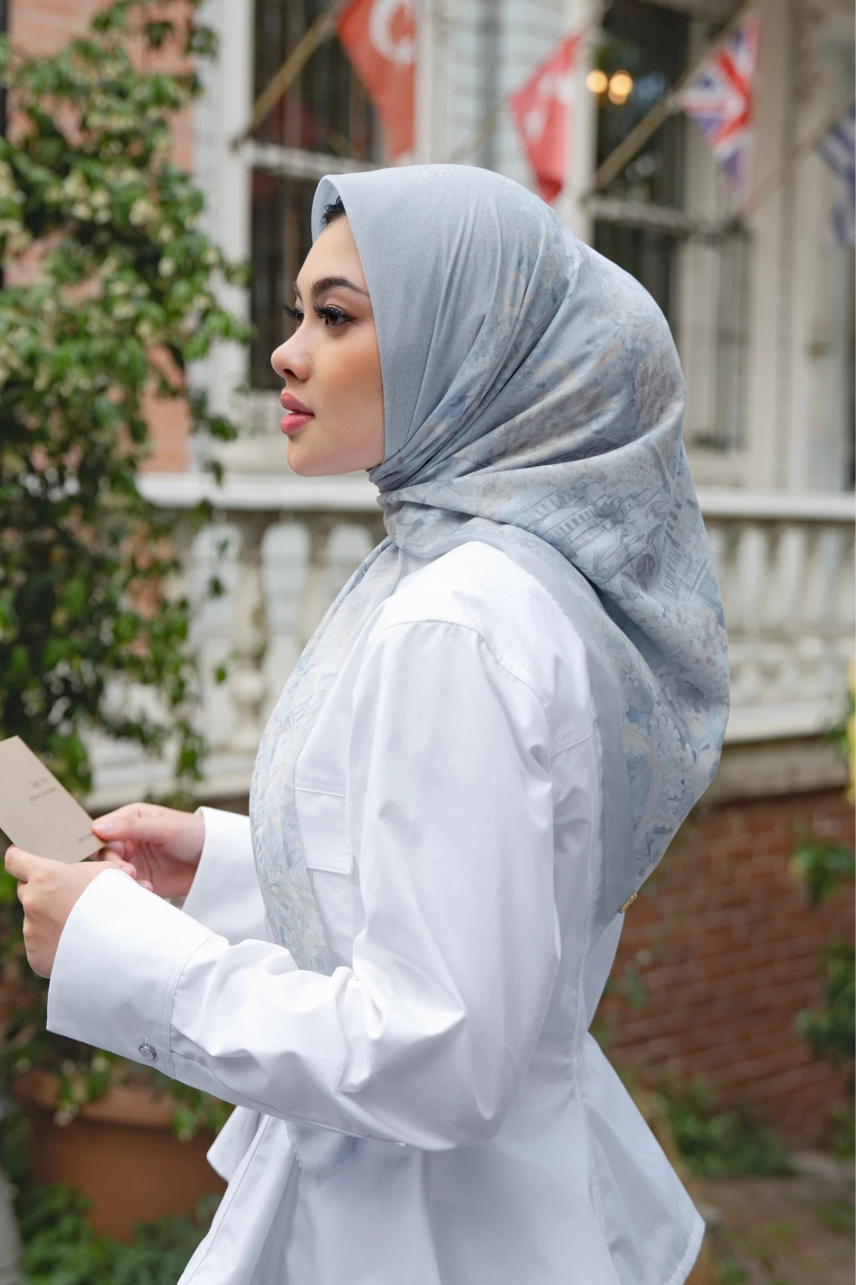 istanbul printed square scarf in dove by buttonscarves style look