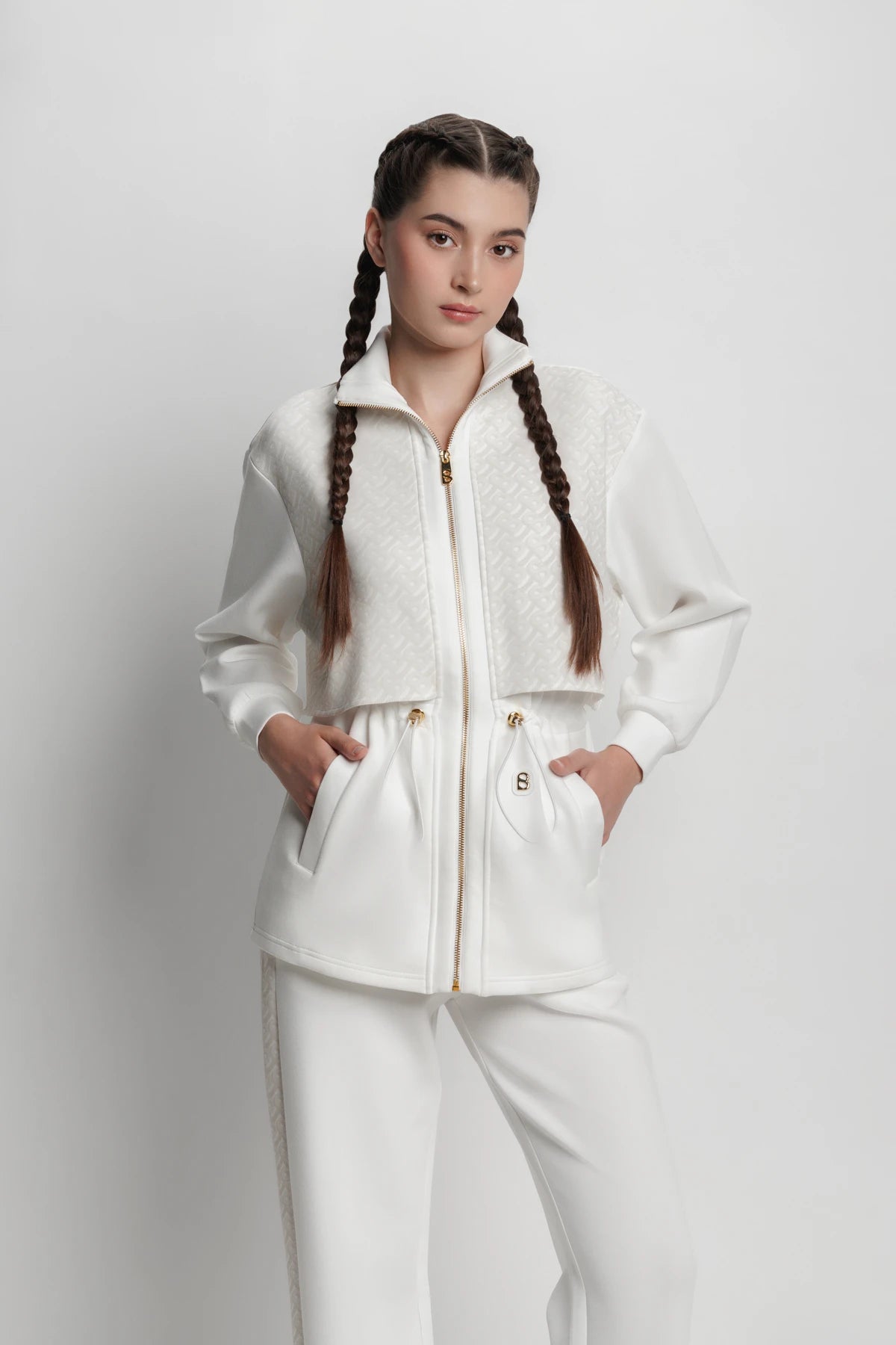 liora drawstring jacket in white by buttonscarves front view