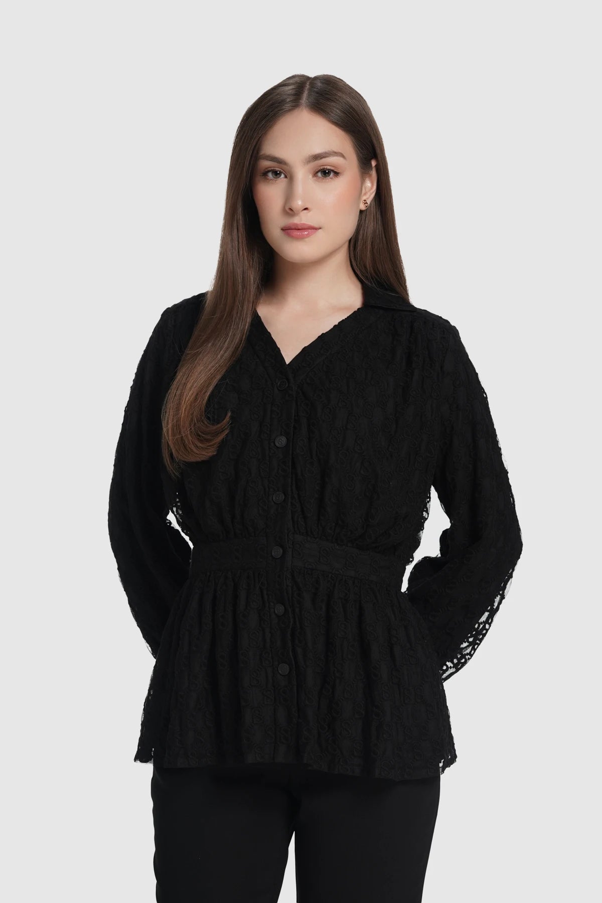 Monogram Lace Puff Shirt - Black
