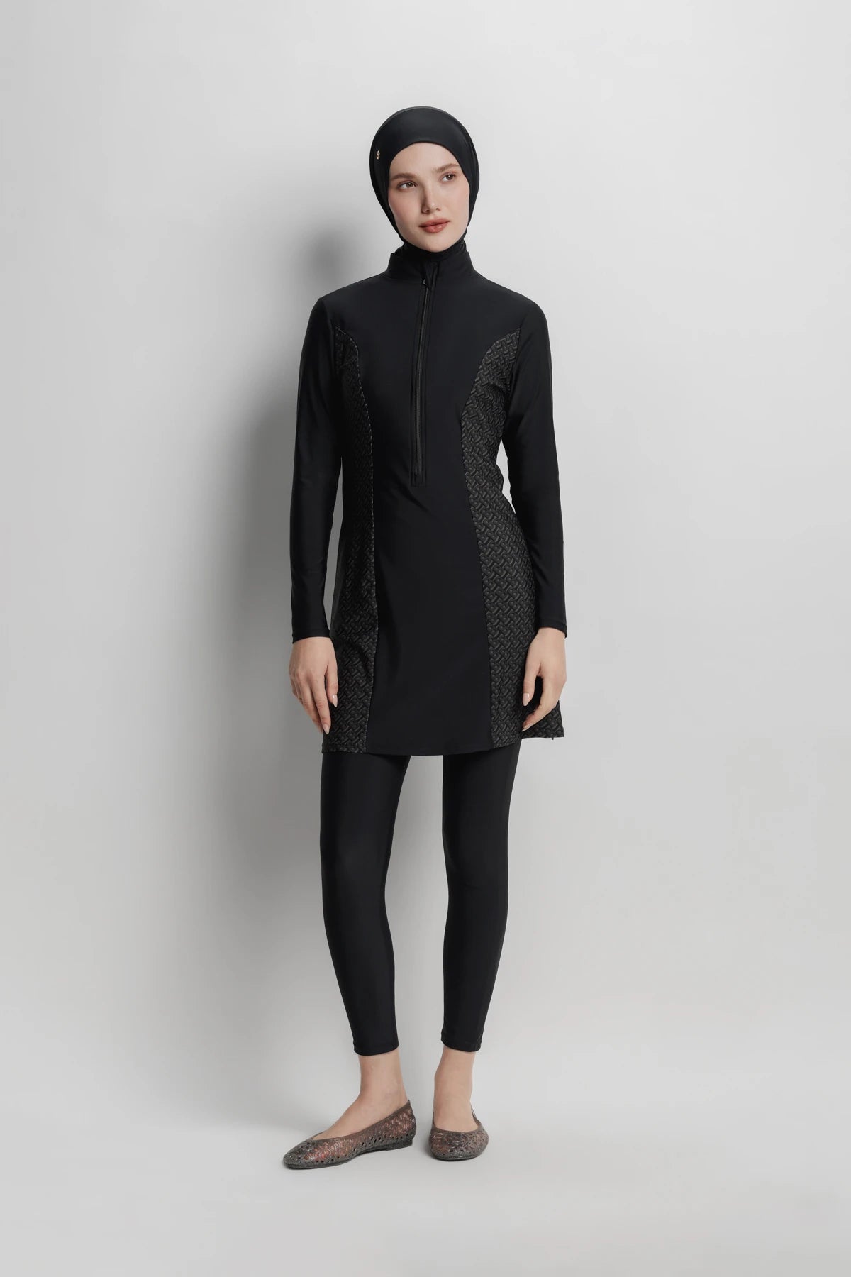 myra signature swimsuit in black by buttonscarves front view