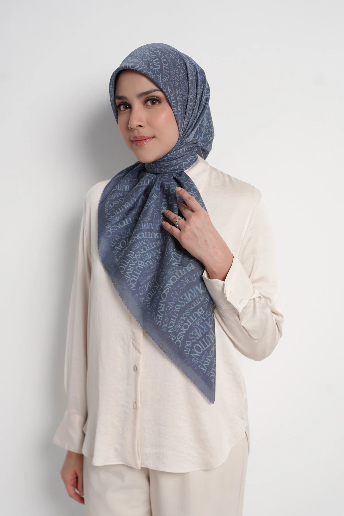 waves monogram printed square scarf in dark blue by buttonscarves front view