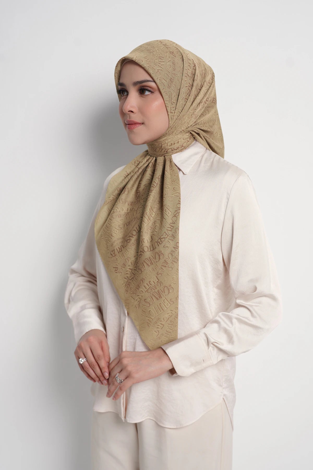 waves monogram printed square scarf in prairie sand by buttonscarves side view