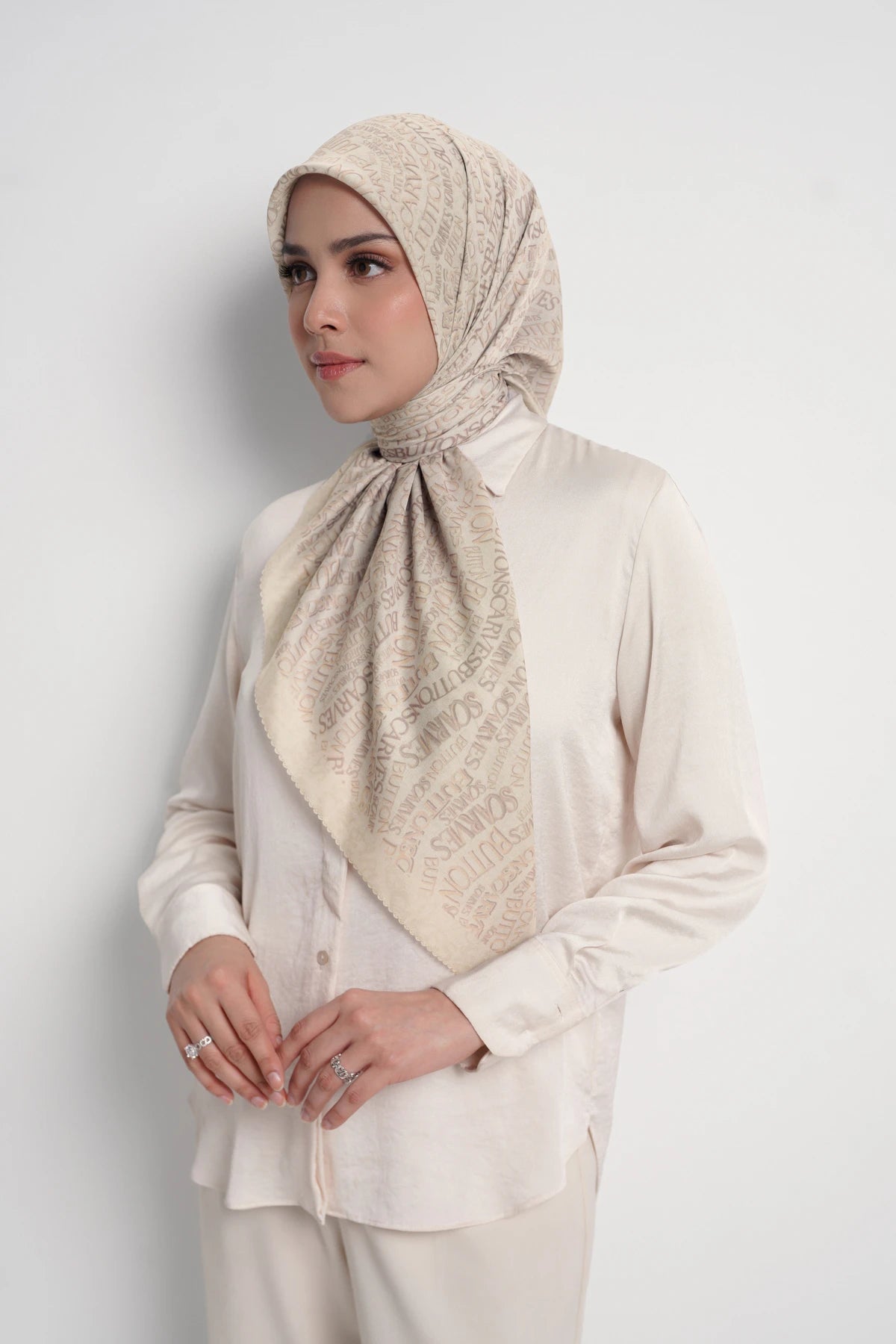waves monogram printed square scarf in sandshell by buttonscarves side view
