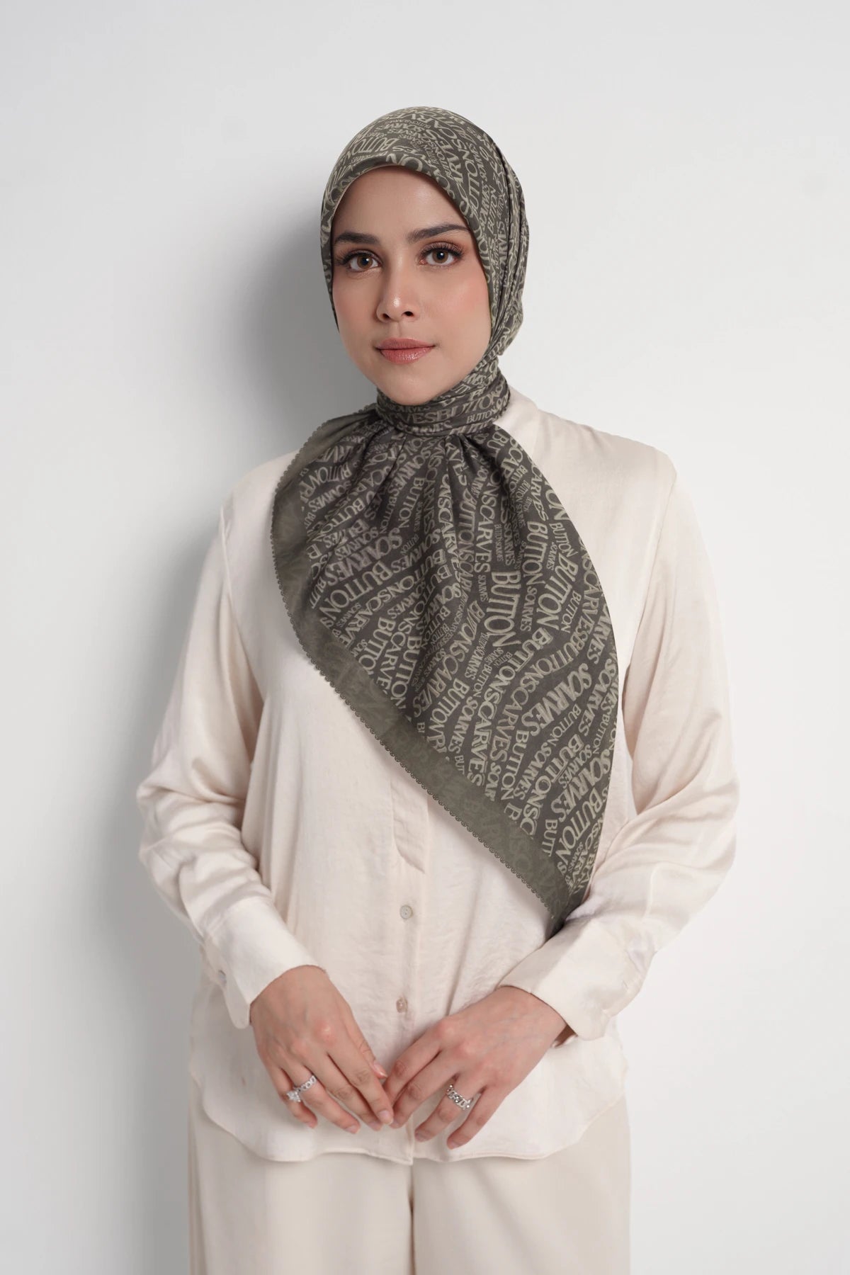 waves monogram printed square scarf in seal brown by buttonscarves front view