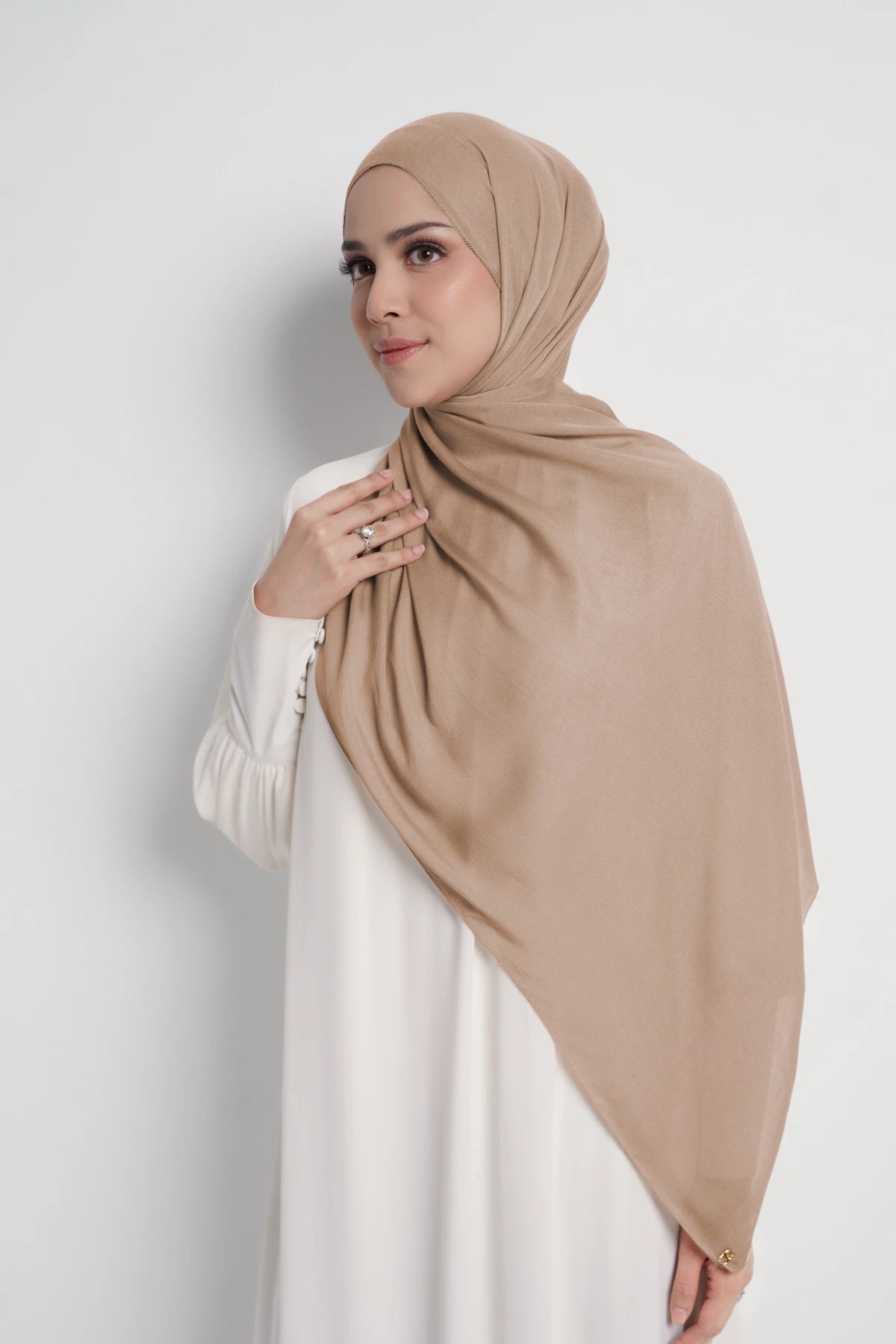 yura shawl in nougat by buttonscarves front view