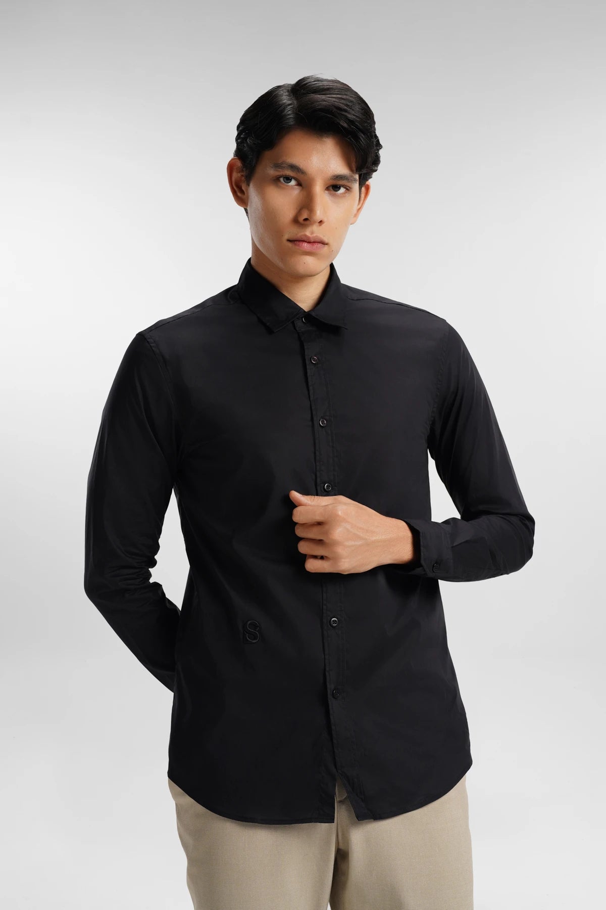 everyday men embroidery long sleeve shirt in black by buttonscarves front view