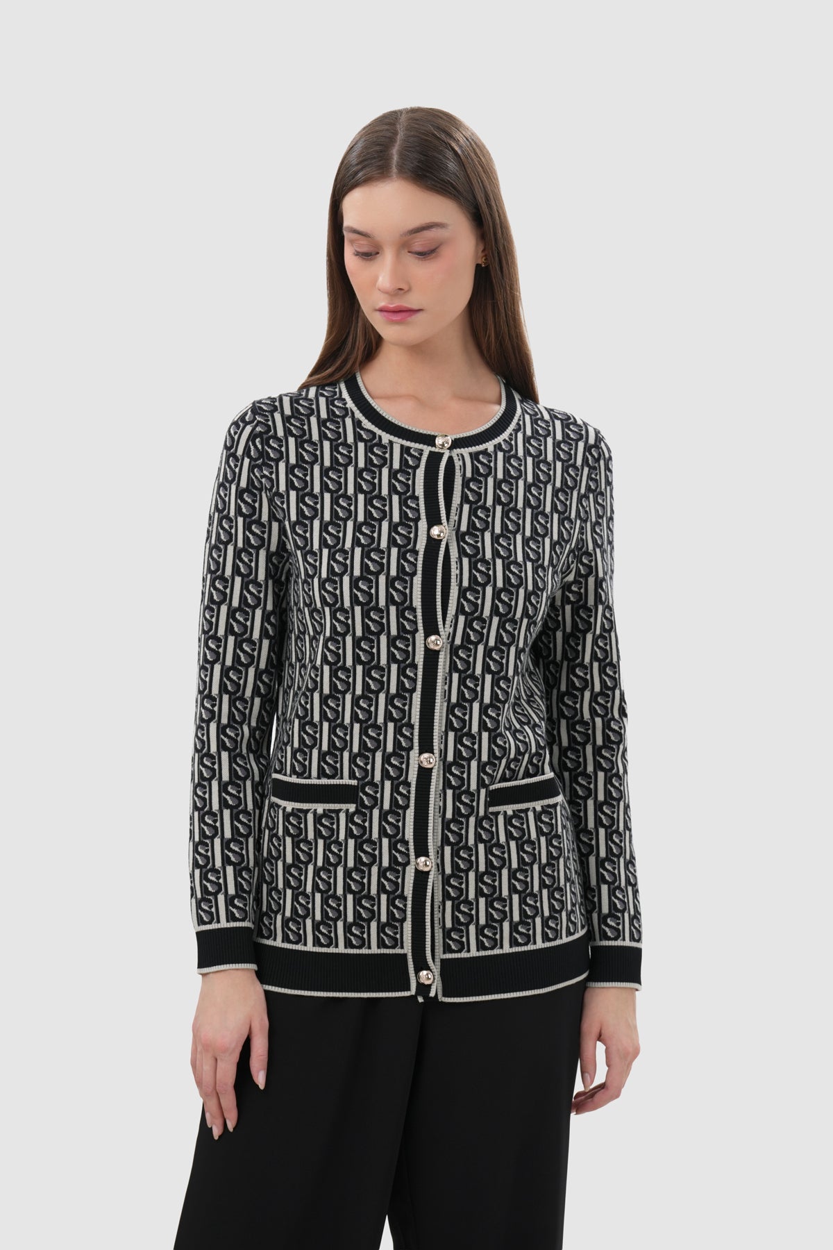 Leena Monogram Cardigan - Black