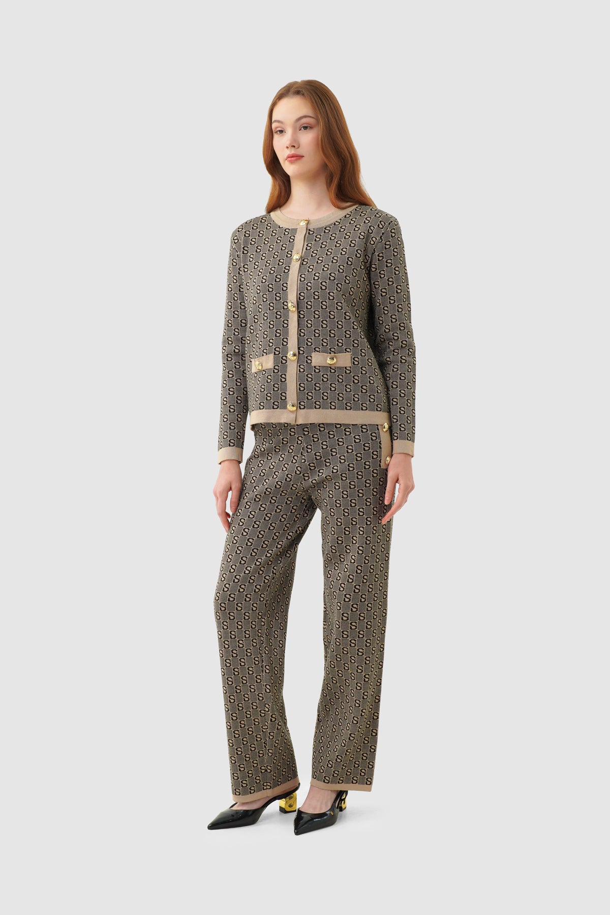 Grid Cardigan Set - Brown