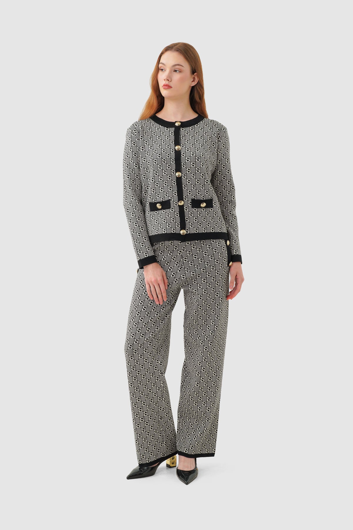 Grid Cardigan Set - Black