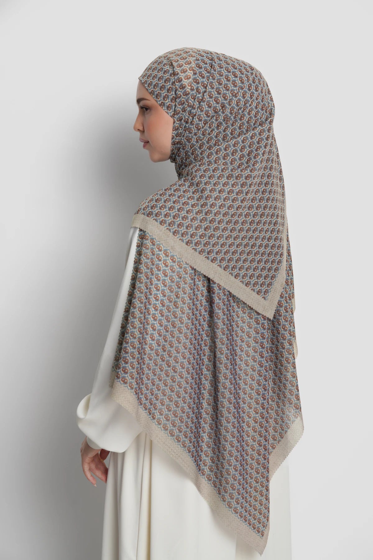 axis tie back shawl in feather gray by buttonscarves back view