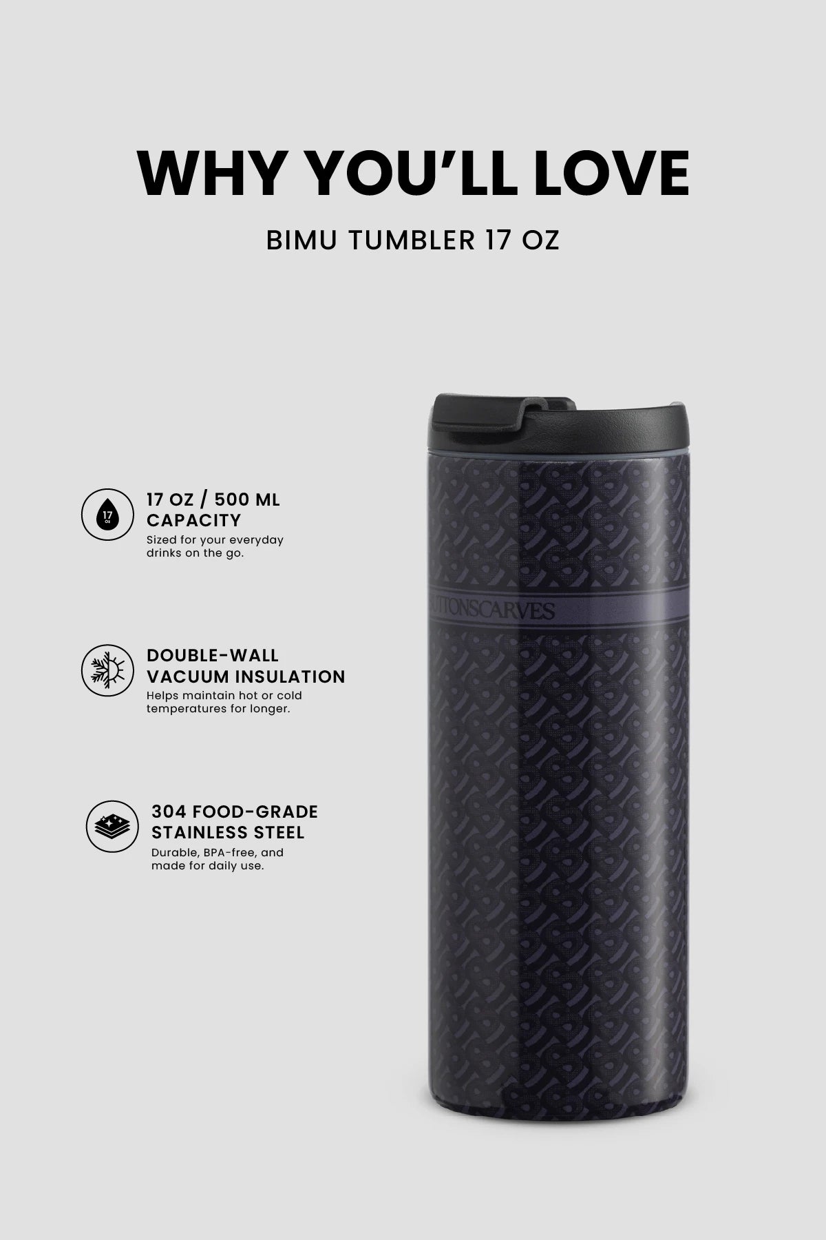 bimu tumbler 17 oz in black by buttonscarves feature overview