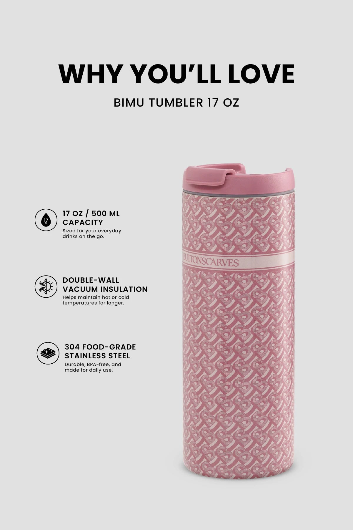 bimu tumbler 17 oz in mauvewood by buttonscarves feature overview