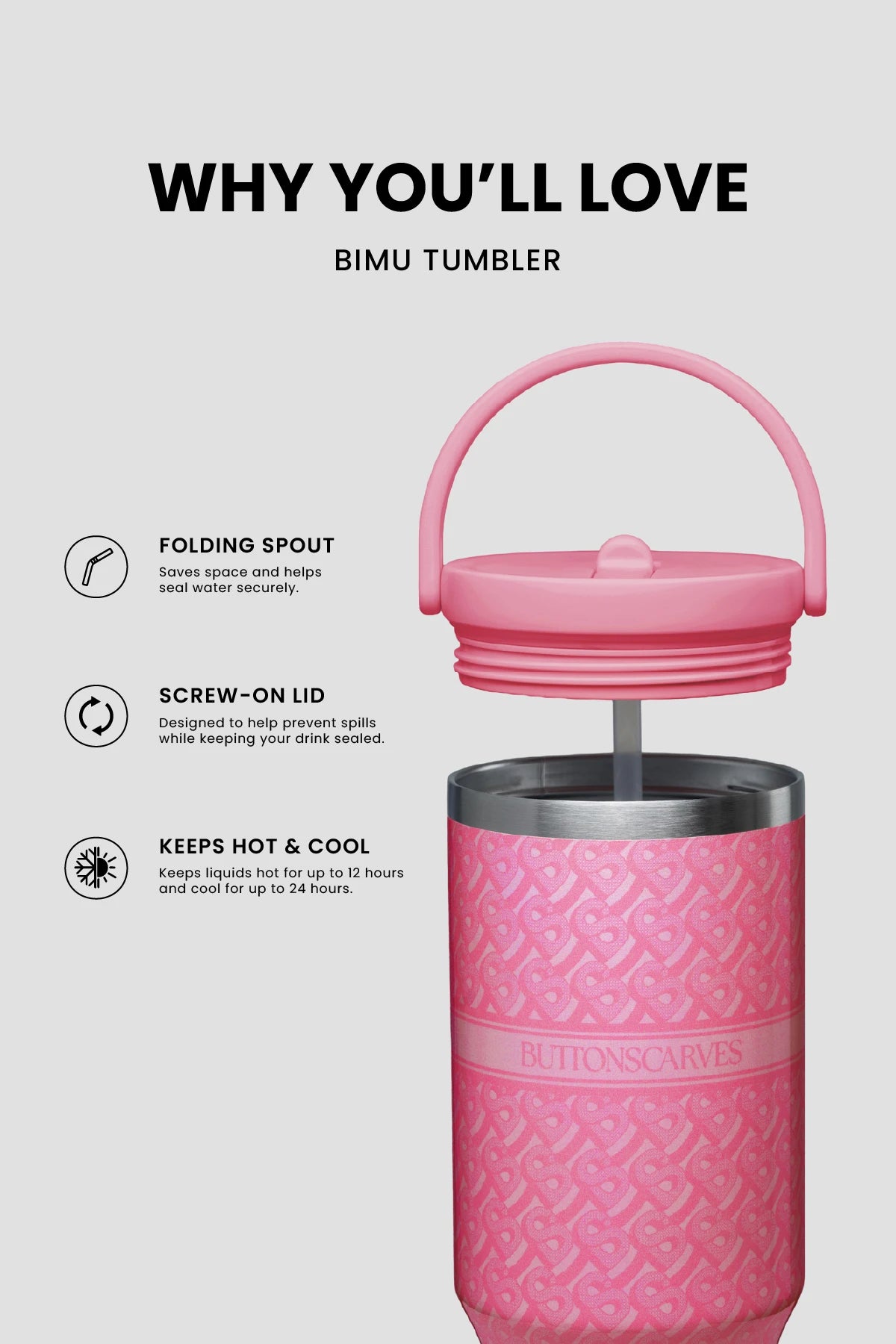bimu tumbler in thrift pink by buttonscarves feature overview