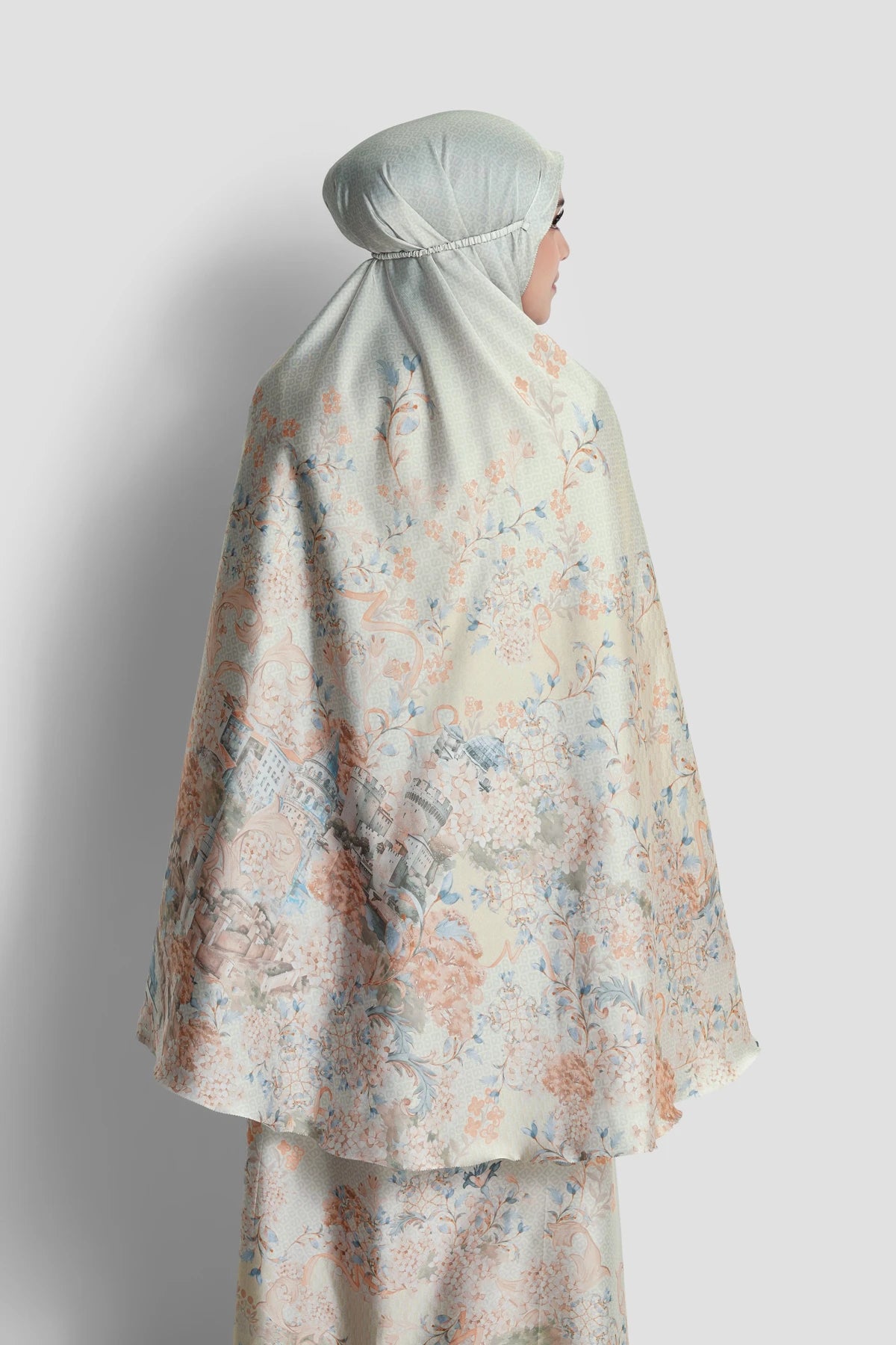 istanbul satin silk prayer robe in dallah by buttonscarves back view