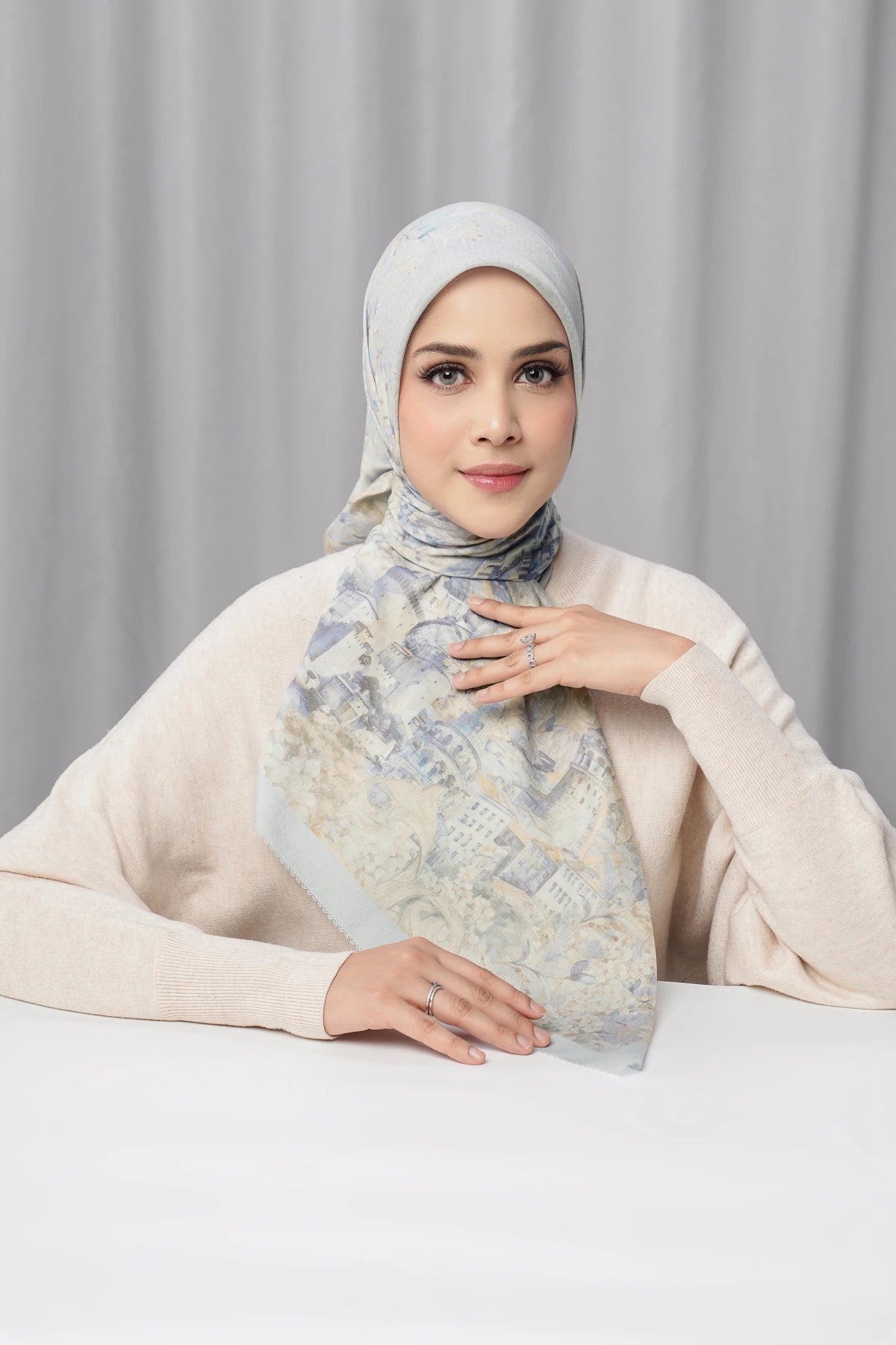 istanbul printed square scarf in dove by buttonscarves front view