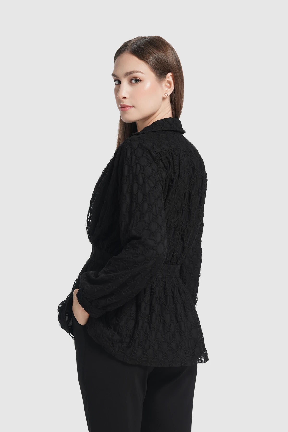 Monogram Lace Puff Shirt - Black