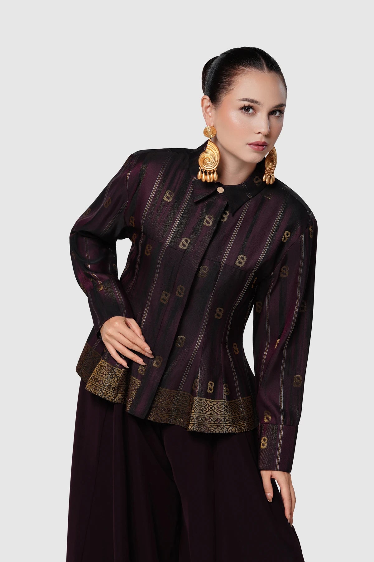 Songket Peplum Shirt - Maroon