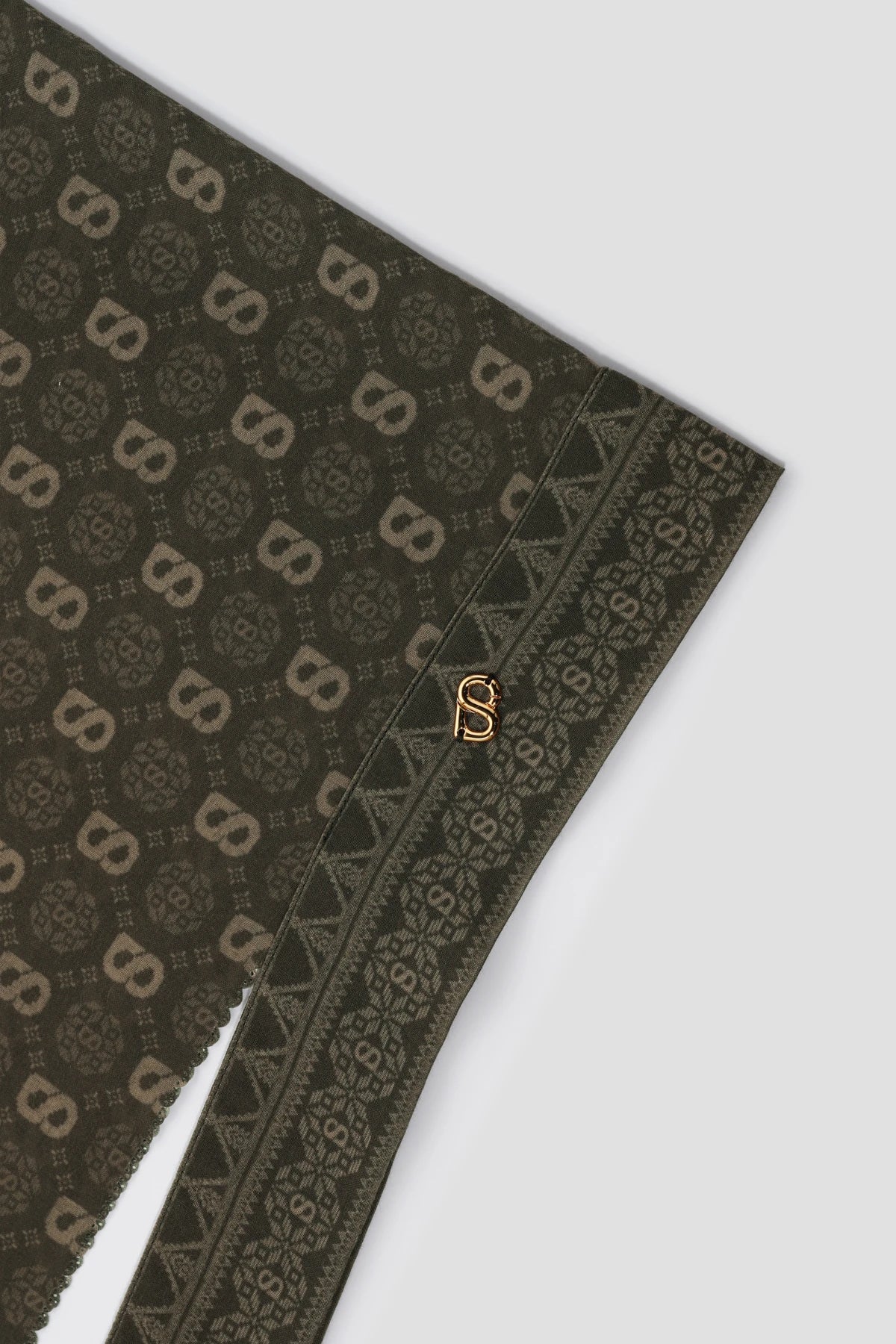 songket tie back shawl in wood by buttonscarves pattern detail