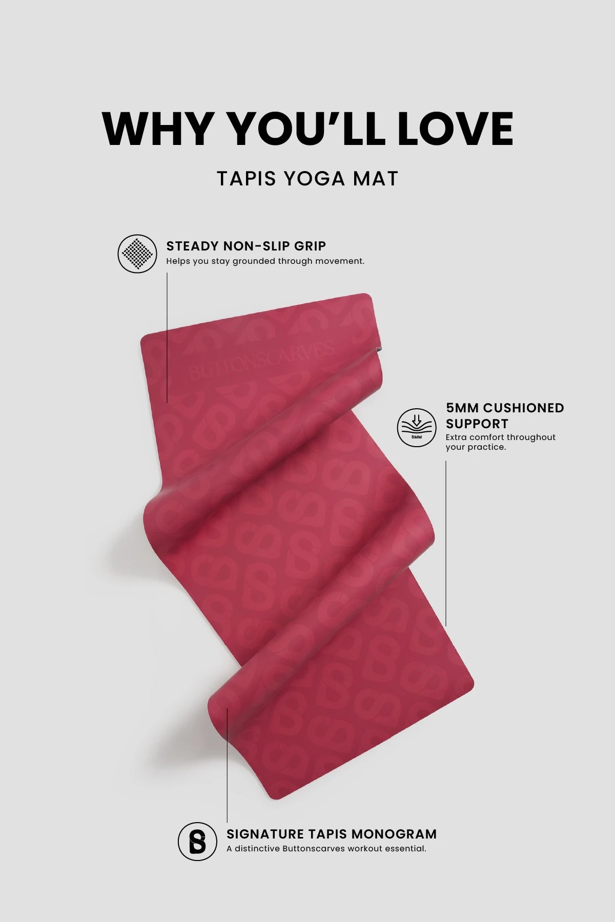 tapis yoga mat in fuchsia by buttonscarves feature overview