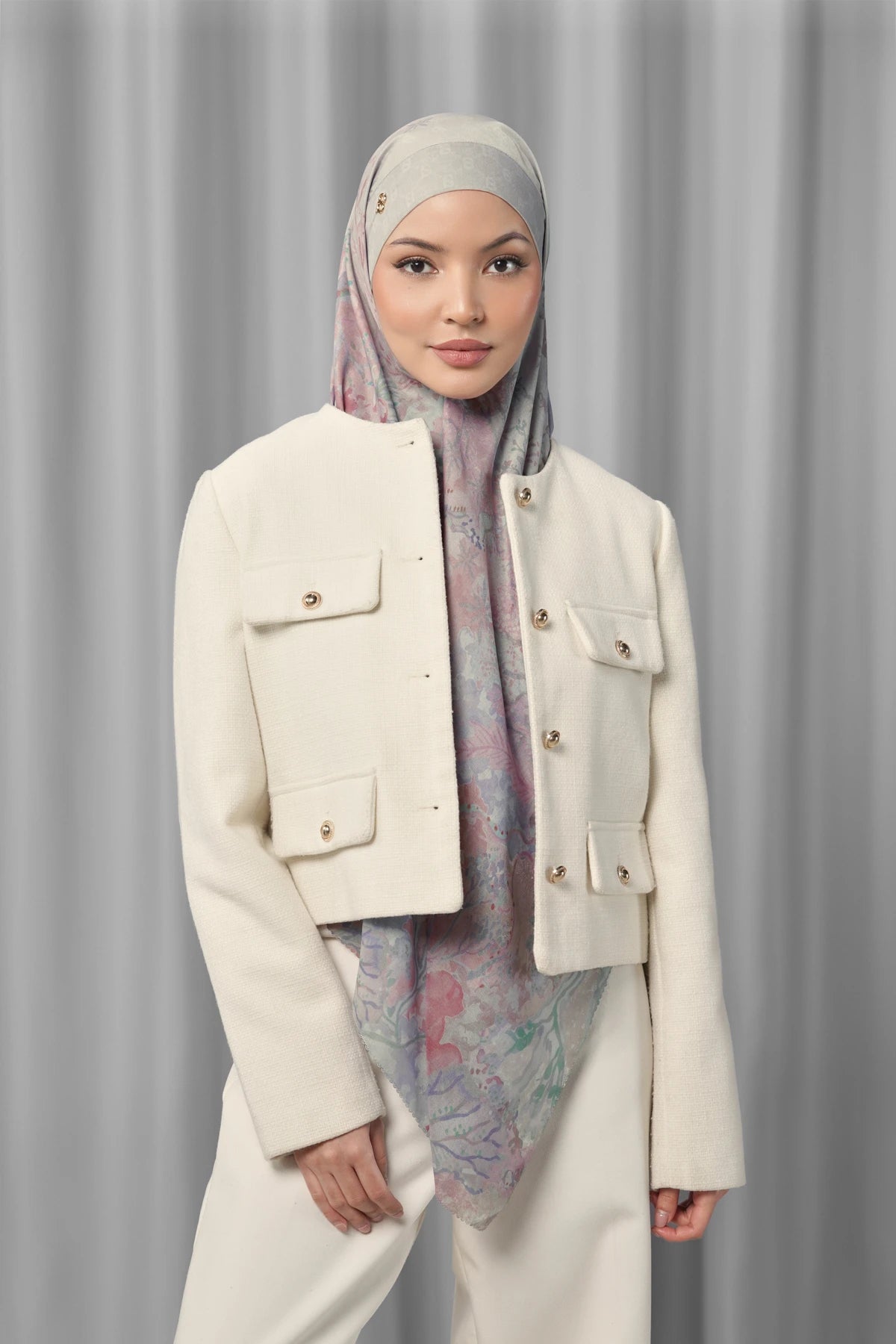 clam under the sea tie back square by buttonscarves styled in a modern hijab look
