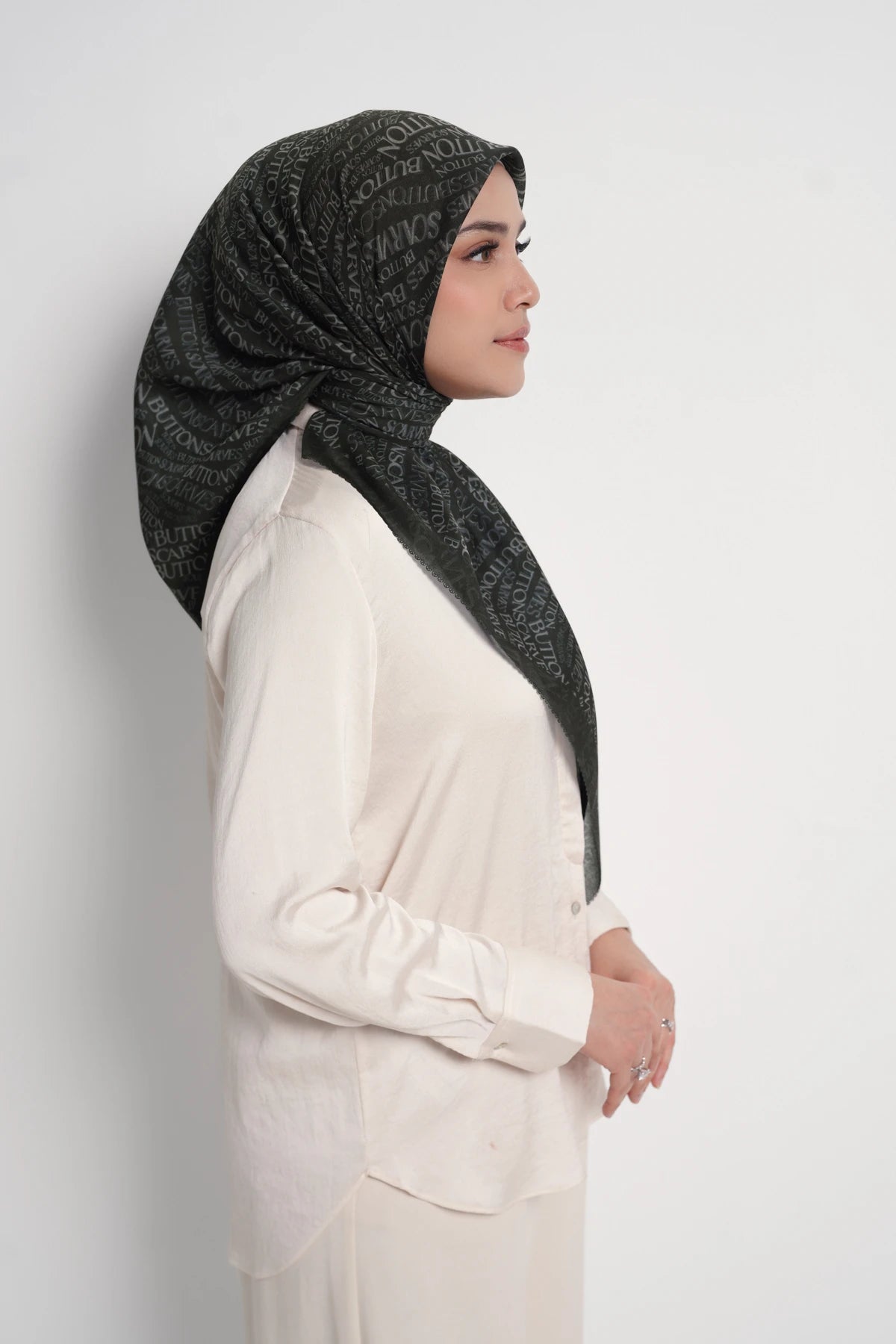 waves monogram printed square scarf in caviar by buttonscarves side view