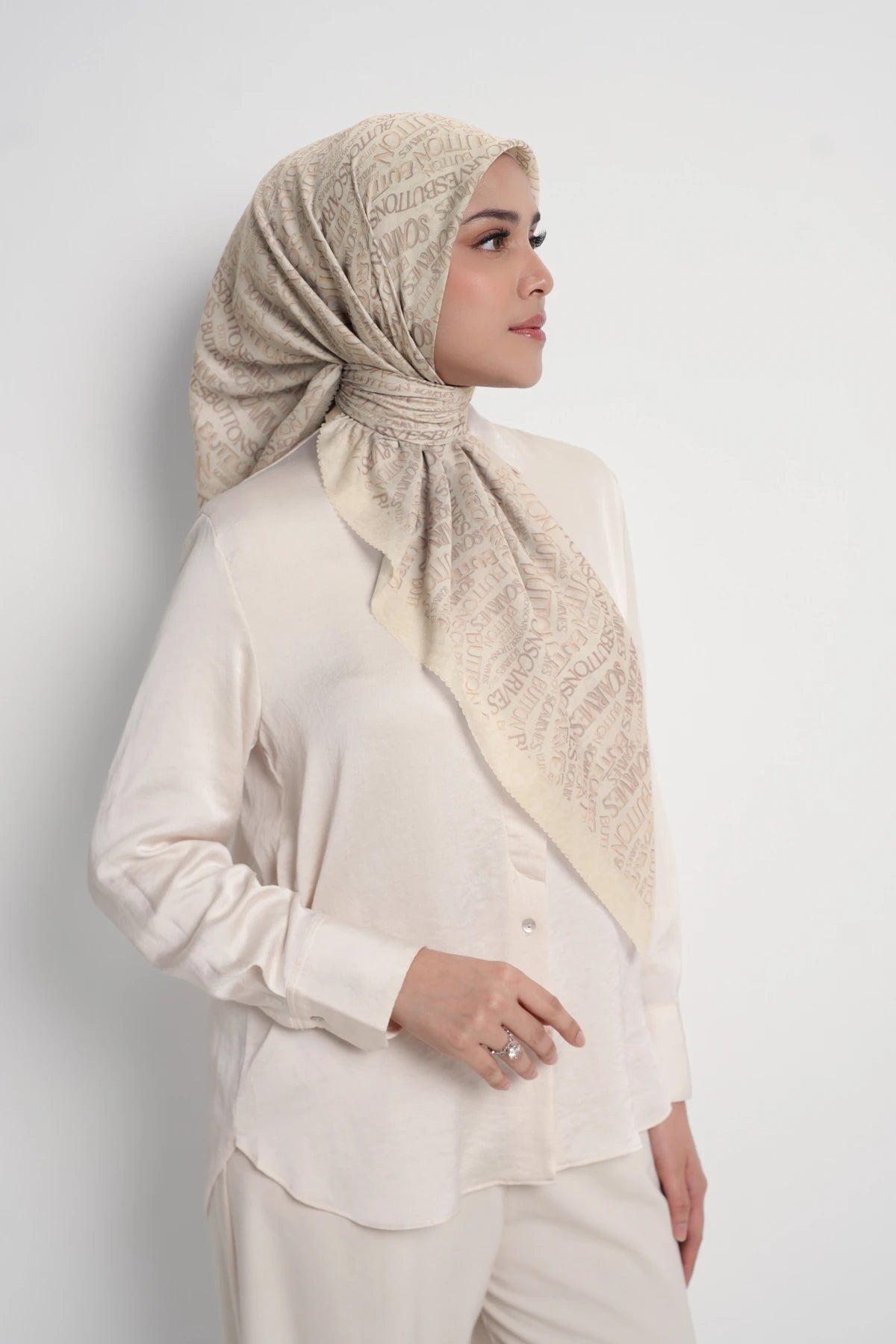 waves monogram printed square scarf in sandshell by buttonscarves side view