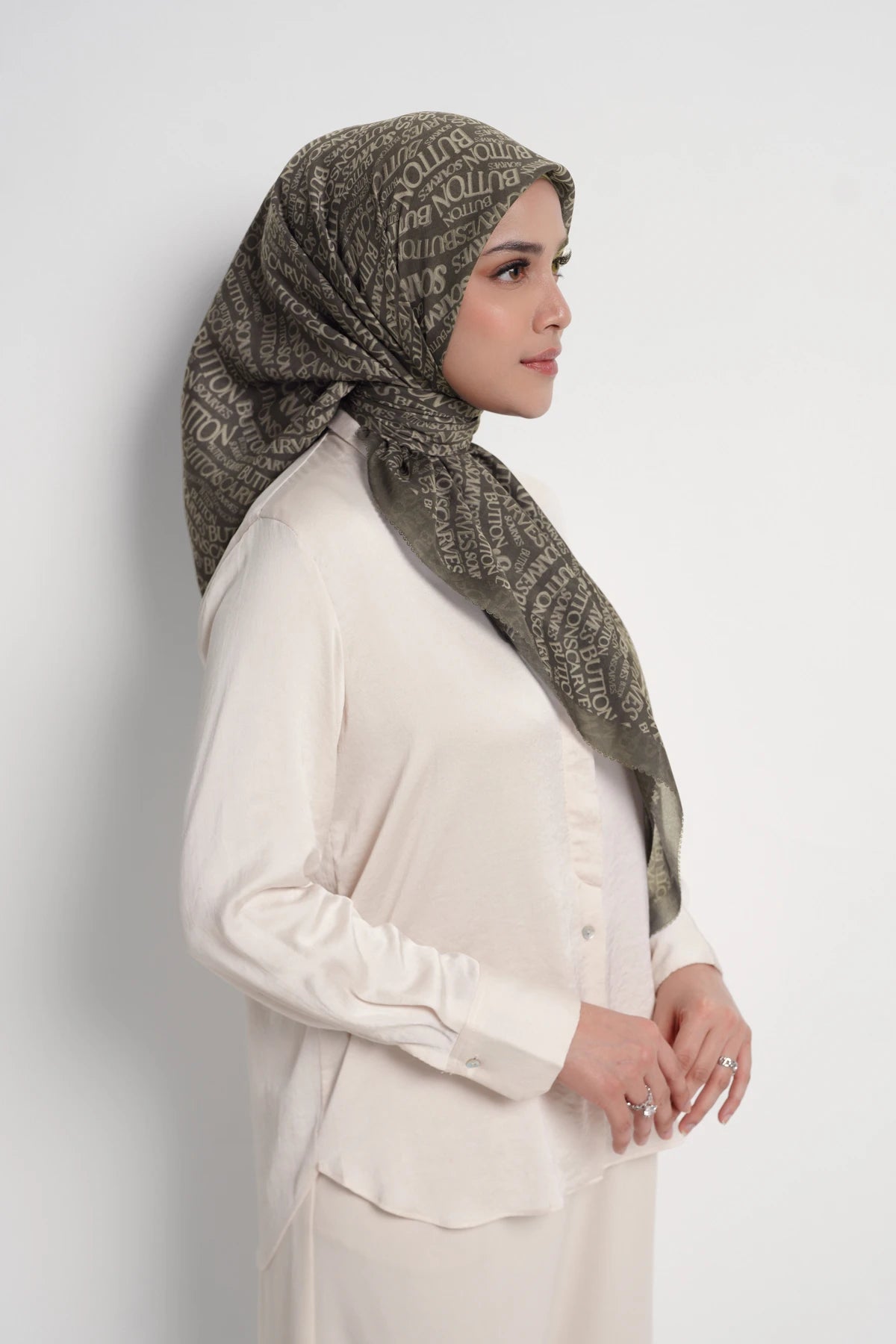 waves monogram printed square scarf in seal brown by buttonscarves side view