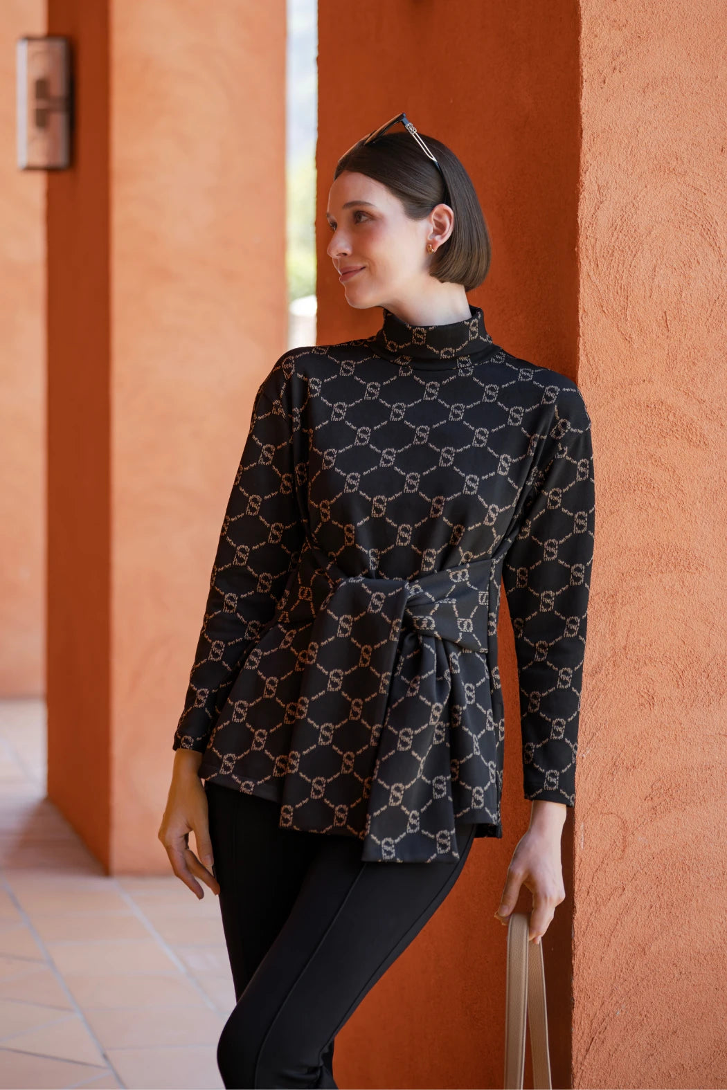 Beverly Monogram High Neck Top - Black