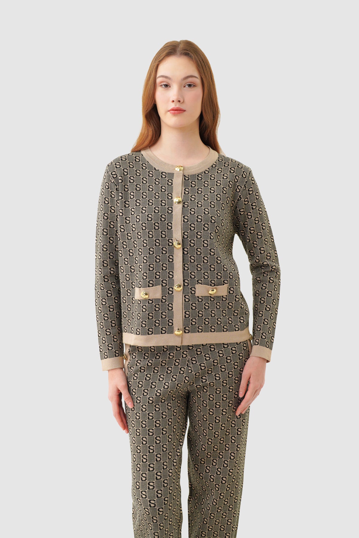 Grid Cardigan Set - Brown