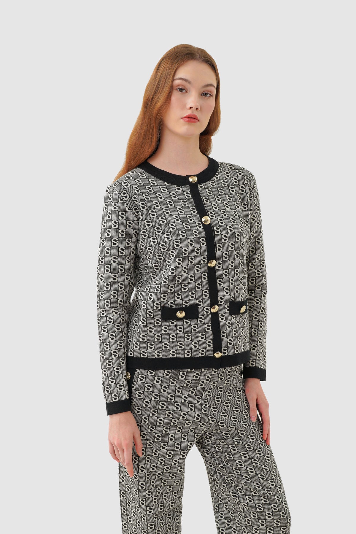 Grid Cardigan Set - Black