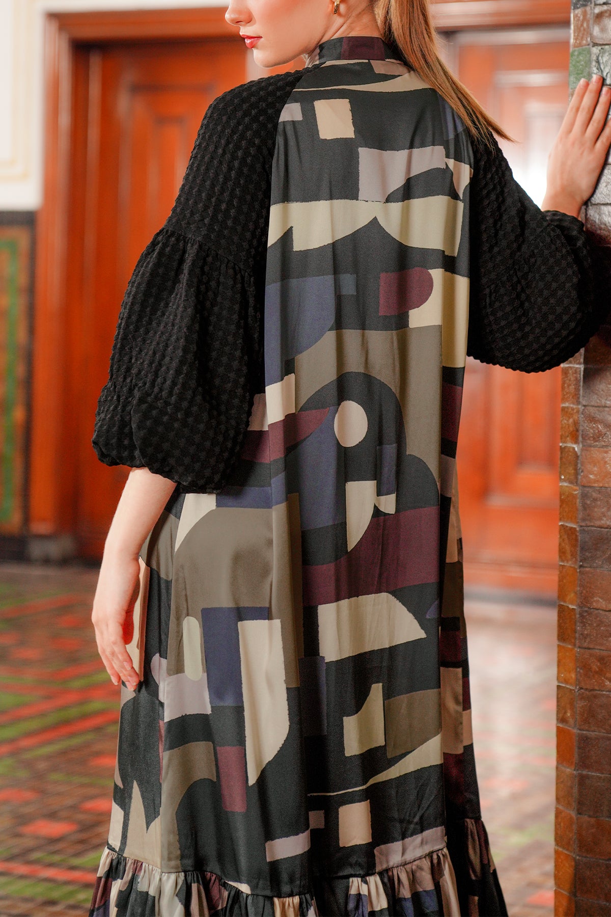 Amona Mix Fabric Dress with Puffy - Black
