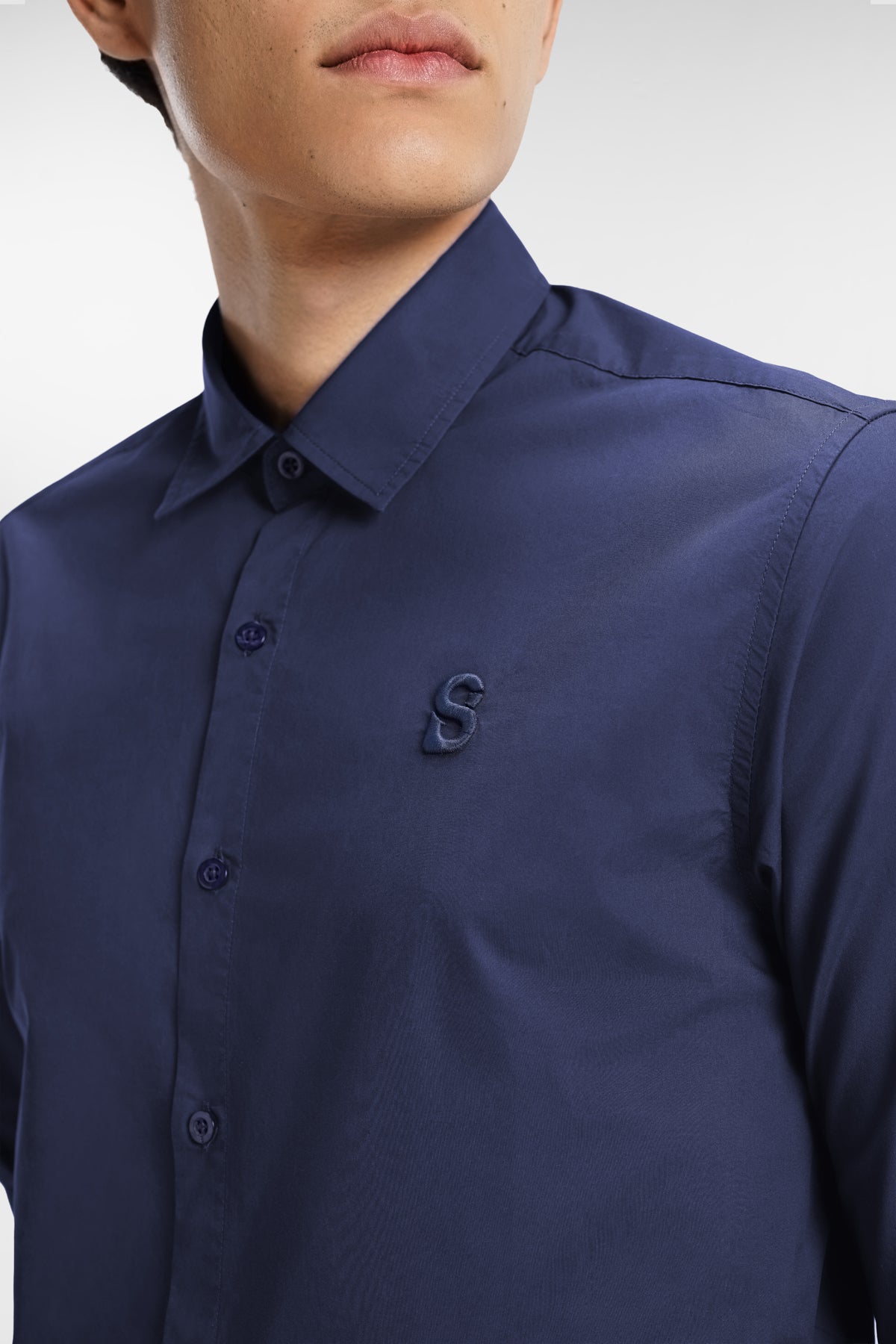 everyday men embroidery shirt in blue by buttonscarves with embroidered B logo