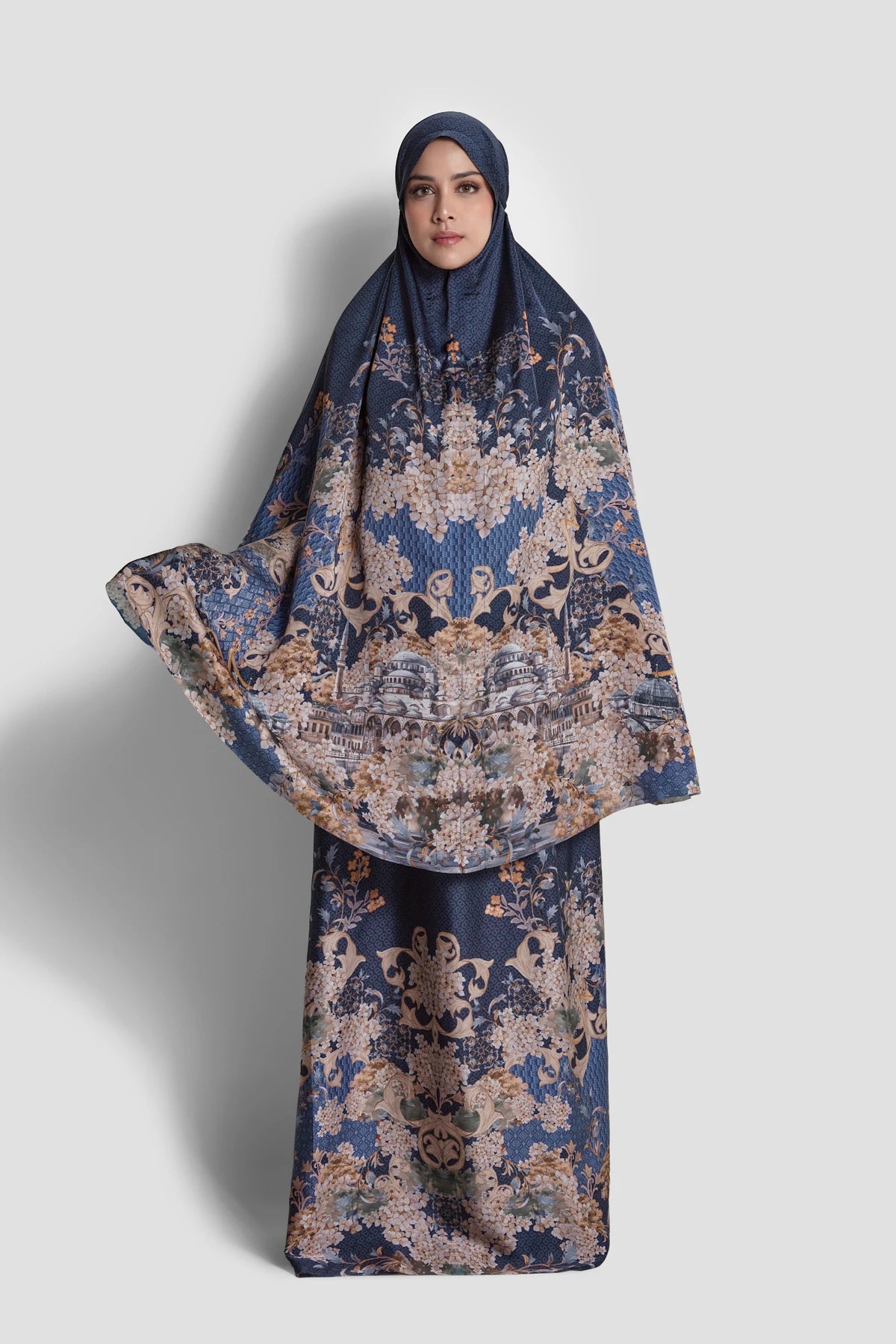 istanbul satin silk prayer robe in bosphorus by buttonscarves front view