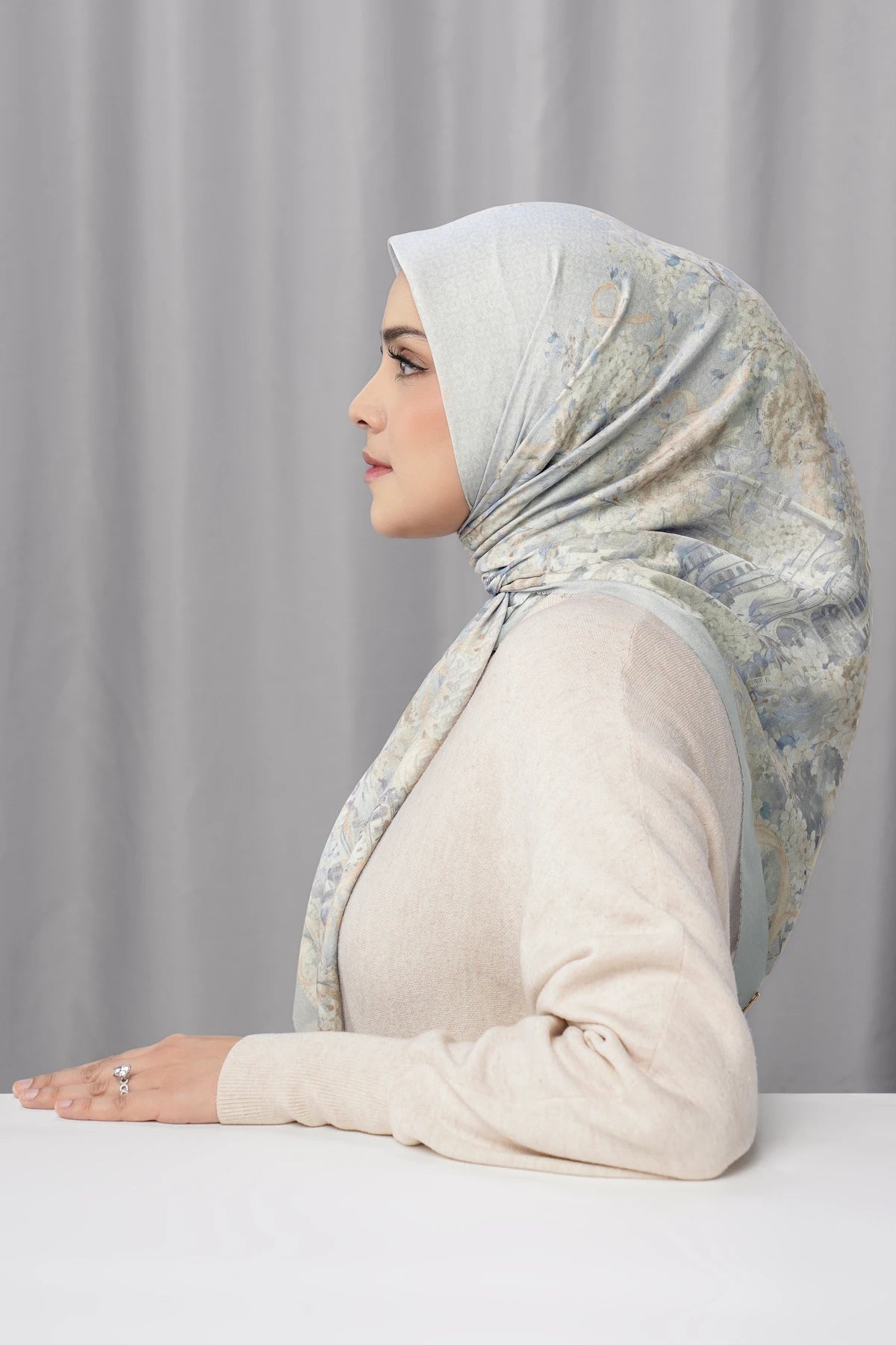istanbul printed square scarf in dove by buttonscarves side view
