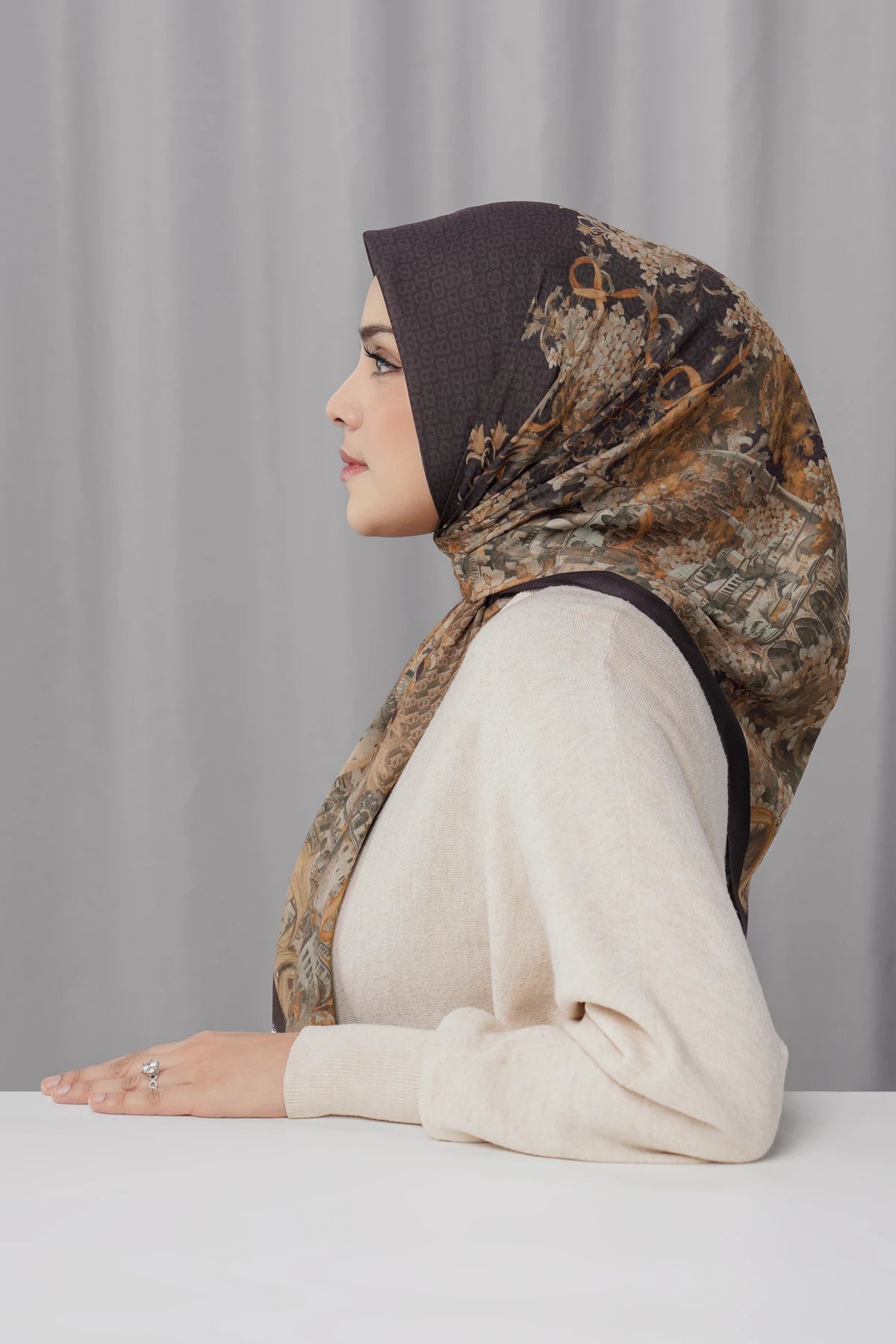 istanbul printed square scarf in kahve by buttonscarves side view