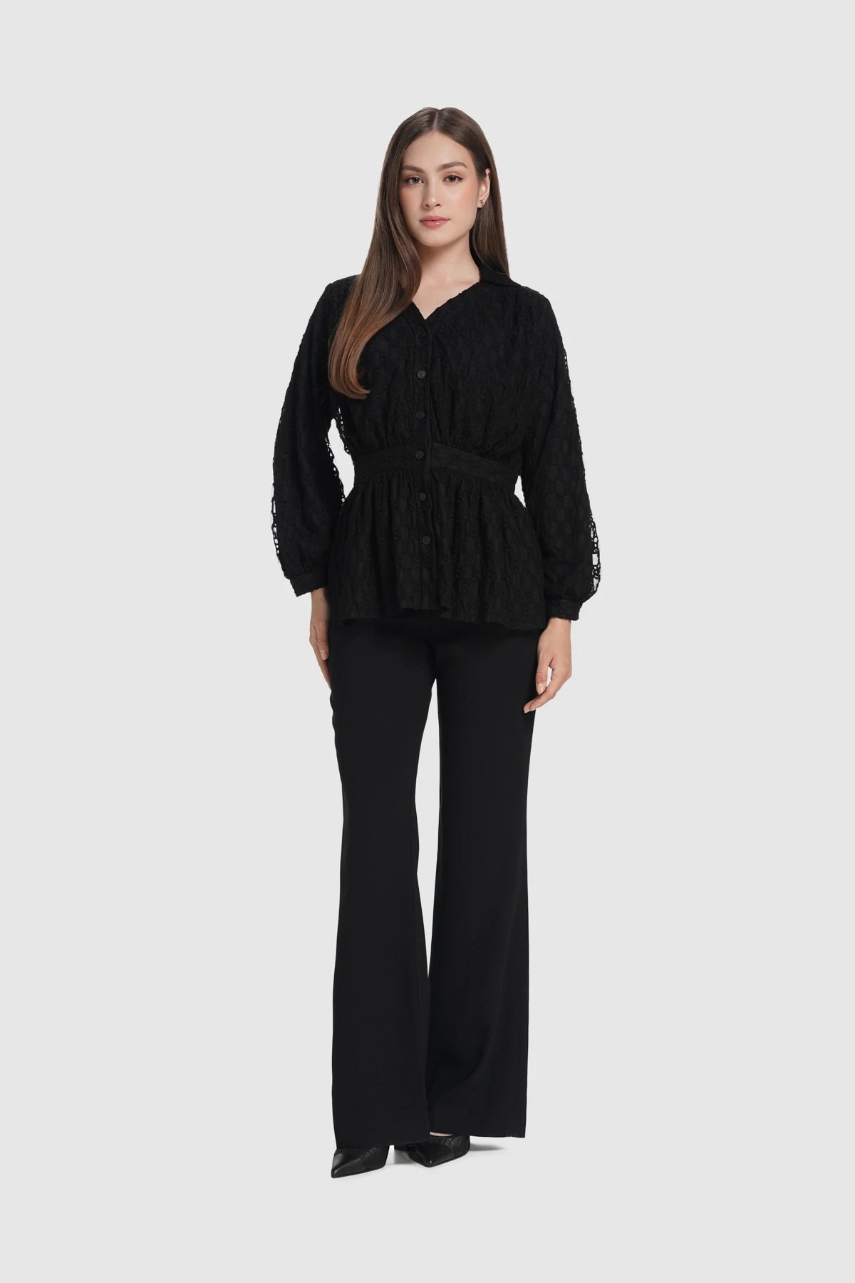 Monogram Lace Puff Shirt - Black