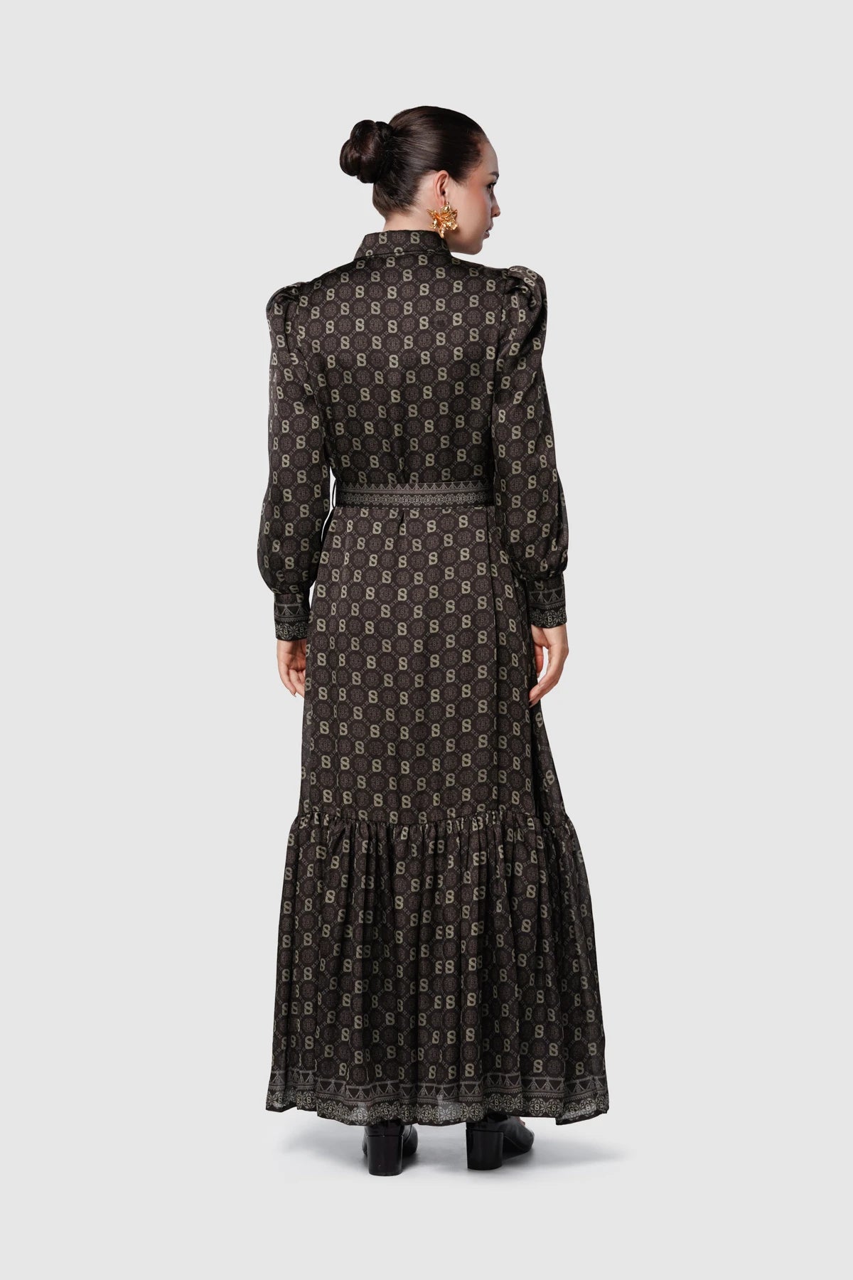 Songket Puff Shirt Dress - Brown