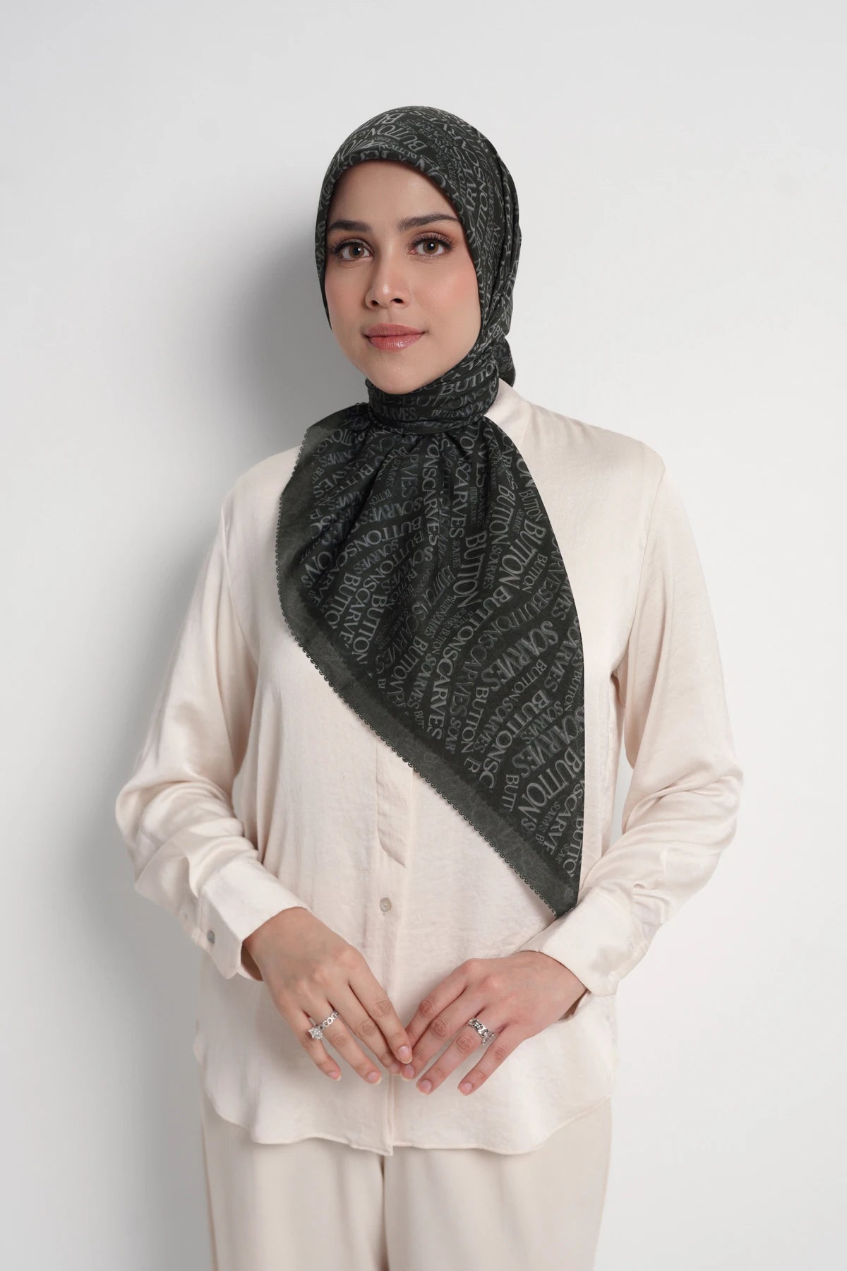 waves monogram printed square scarf in caviar by buttonscarves front view