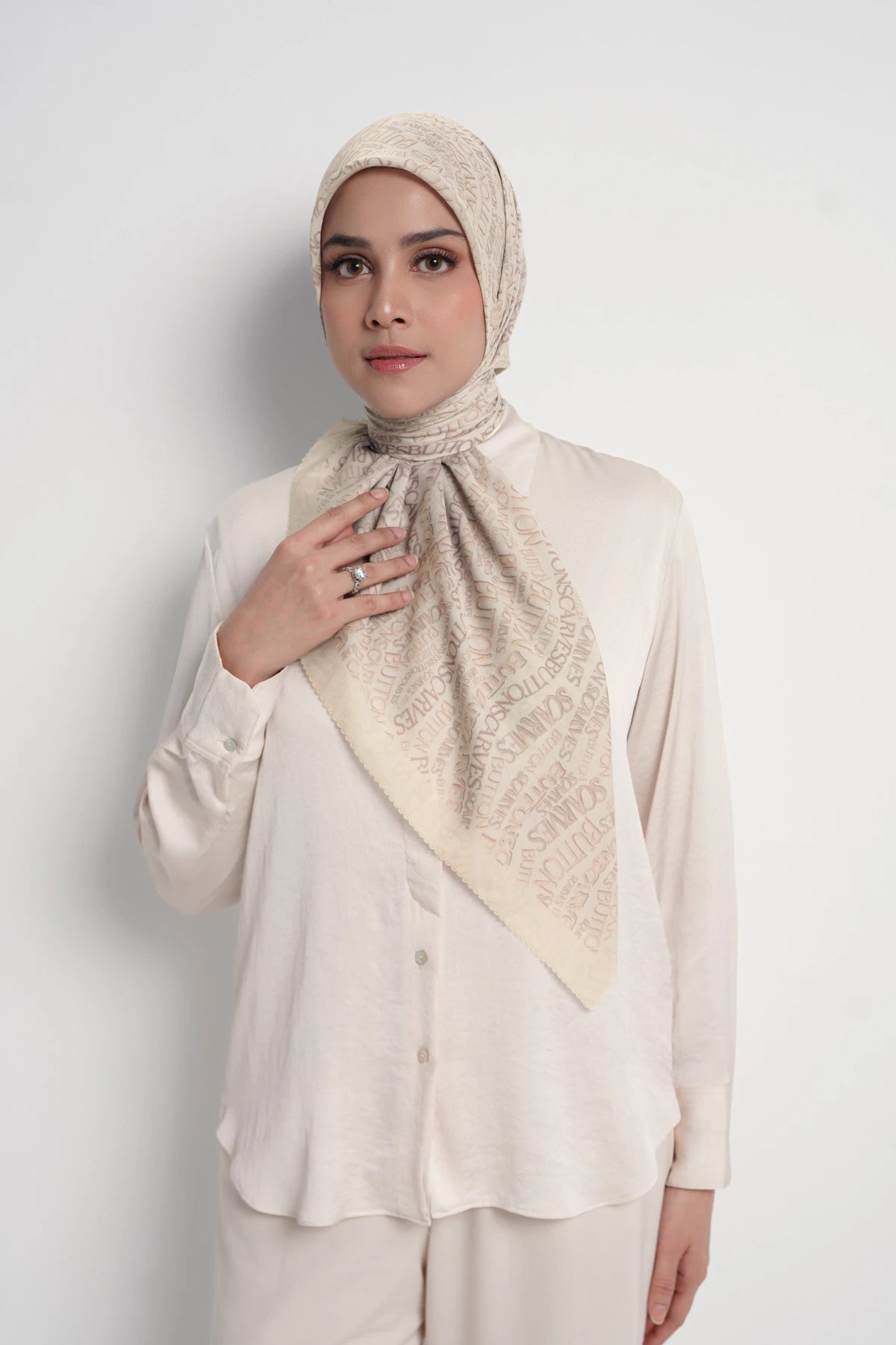 waves monogram printed square scarf in sandshell by buttonscarves front view