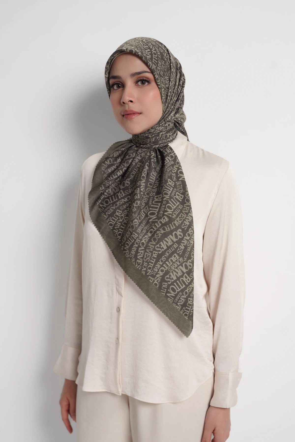 waves monogram printed square scarf in seal brown by buttonscarves front view