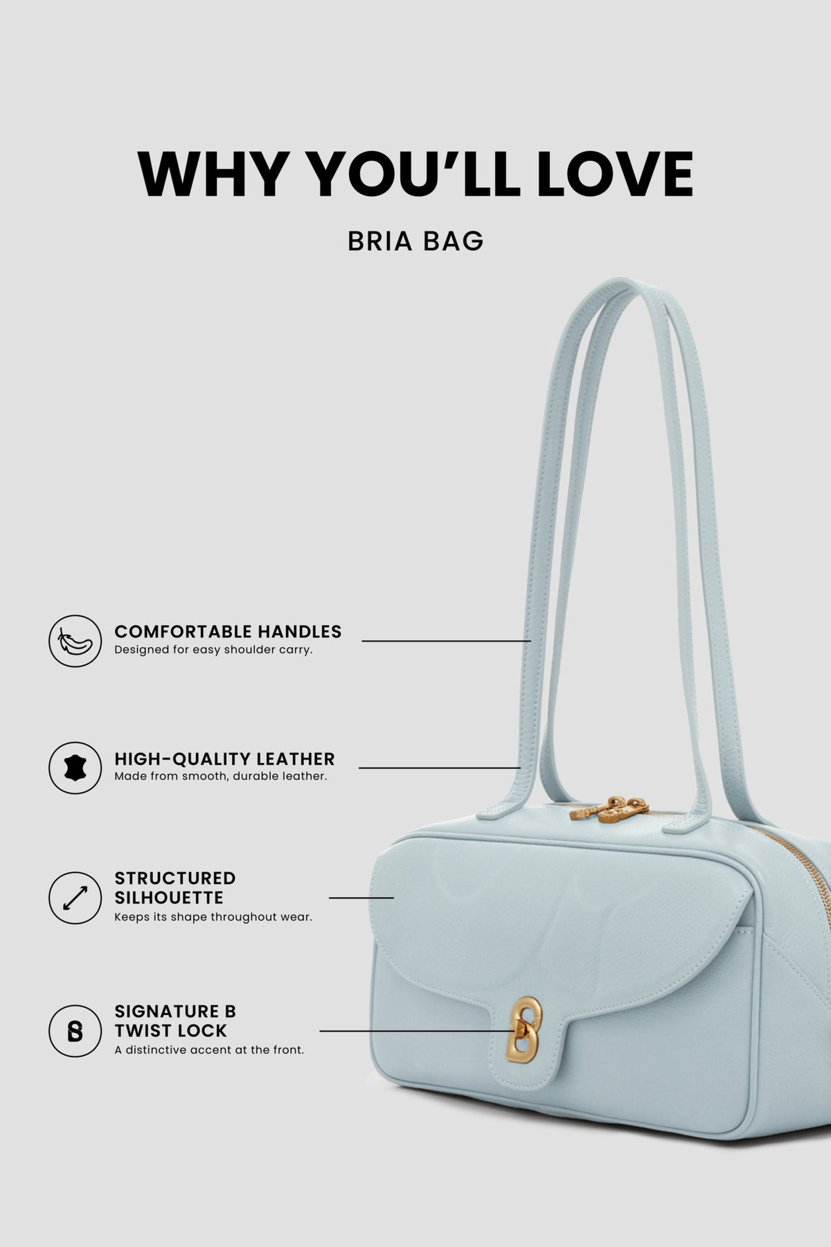 bria shoulder bag in baby blue by buttonscarves feature overview