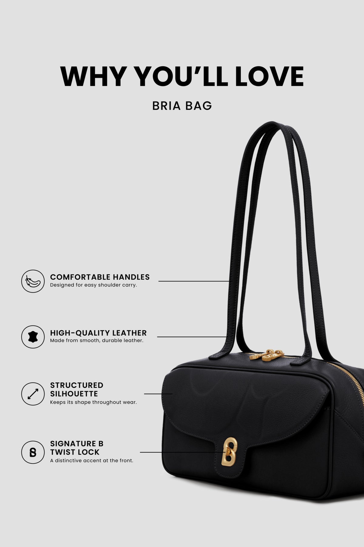 bria shoulder bag in black by buttonscarves feature overview