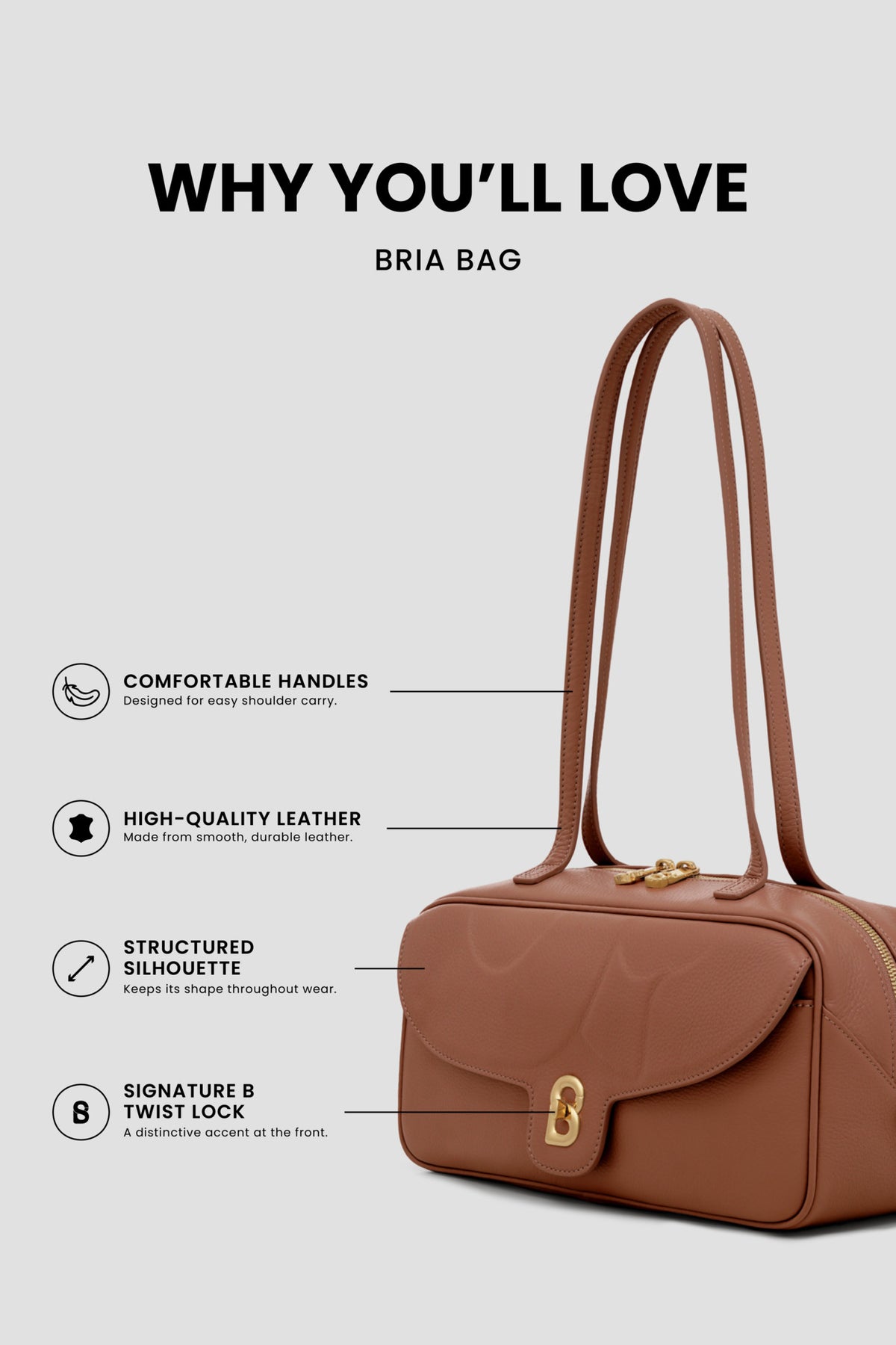bria shoulder bag in caramel by buttonscarves feature overview